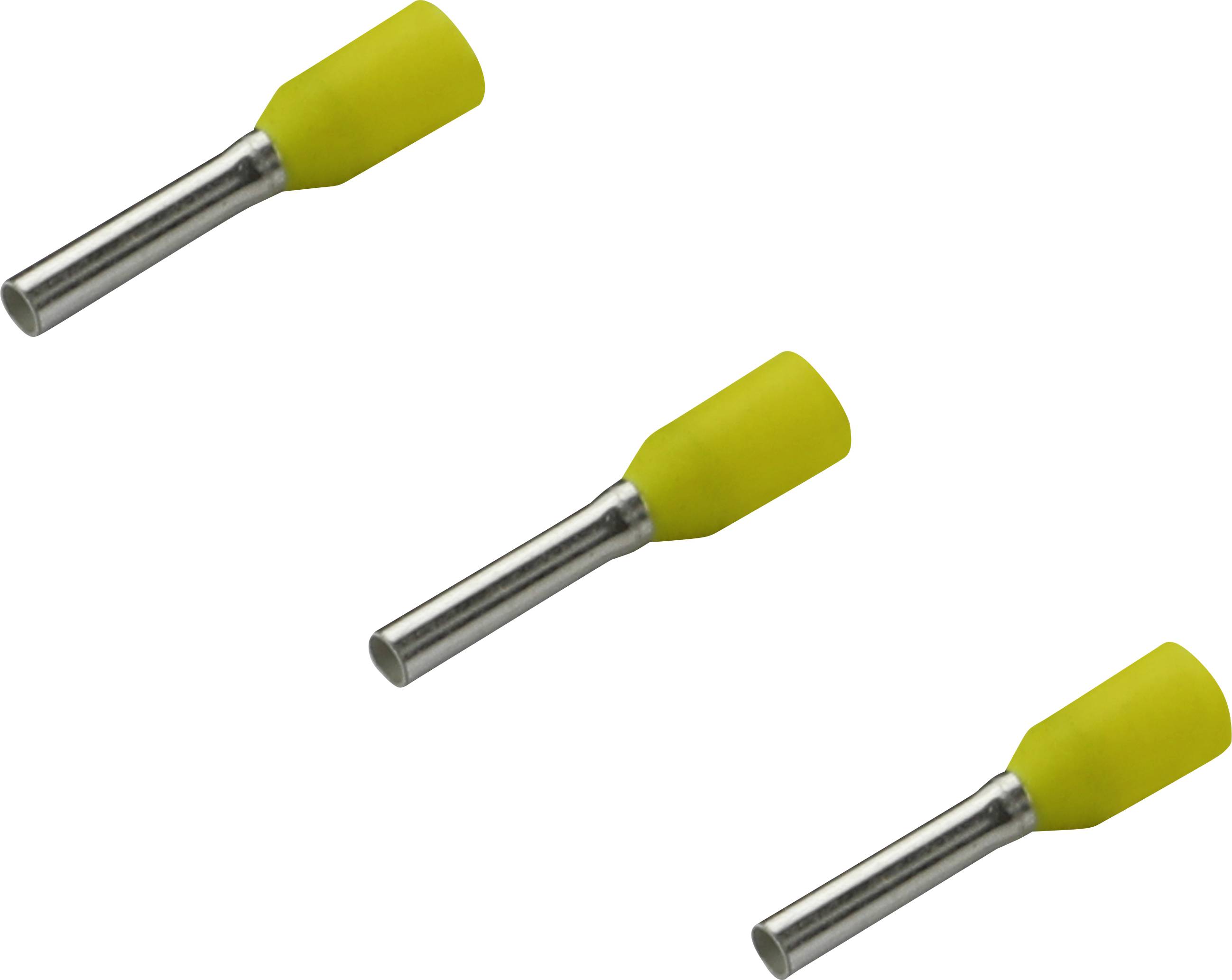 Three yellow cable shoes with metal attachments, arranged diagonally in the image.