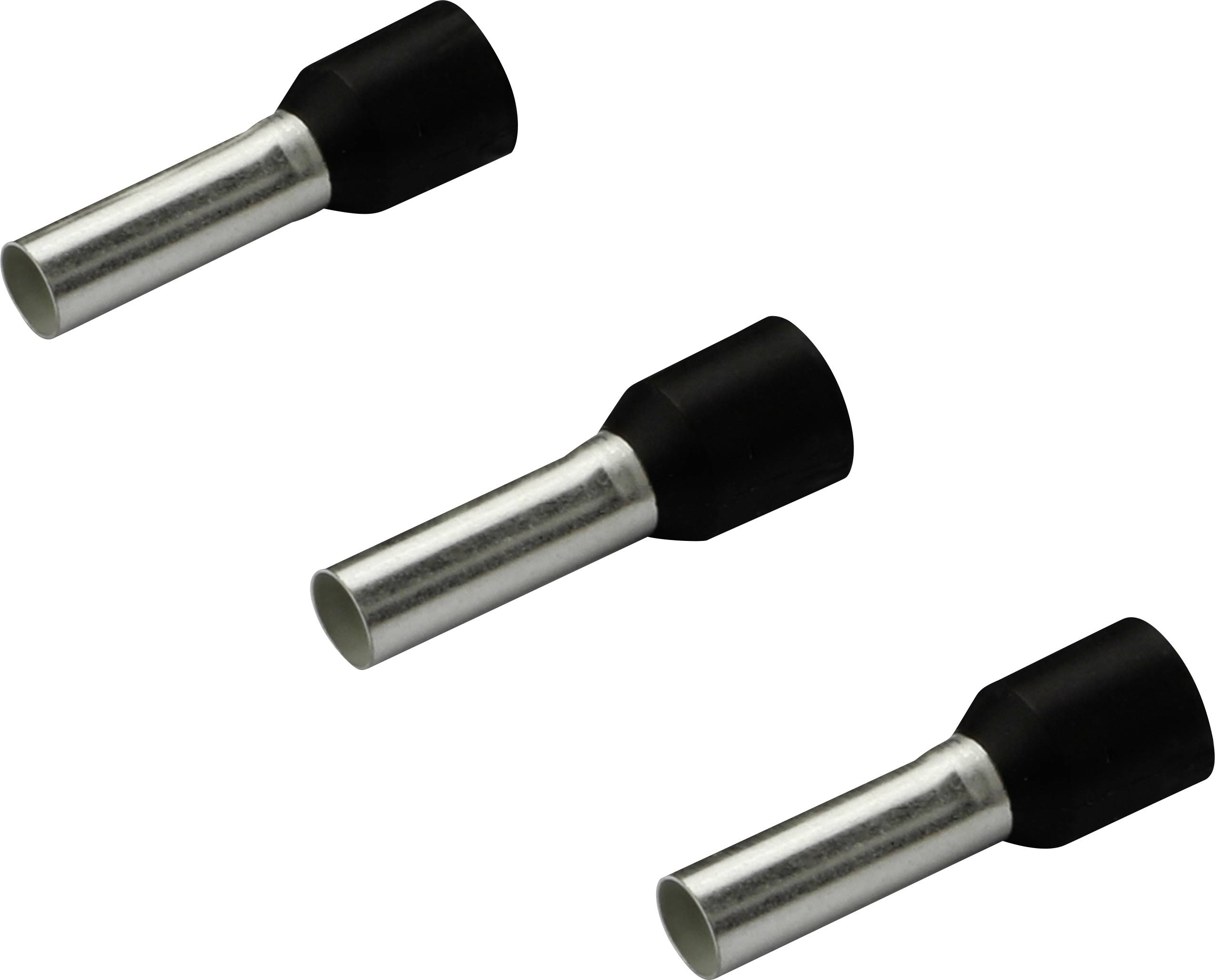 Three black and silver cable end ferrules, arranged diagonally. They are used for securely connecting cables to terminals.