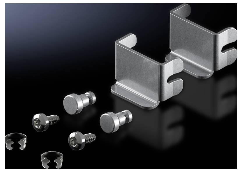 Metal fixing set with two mounting brackets, screws and nuts on a black background.