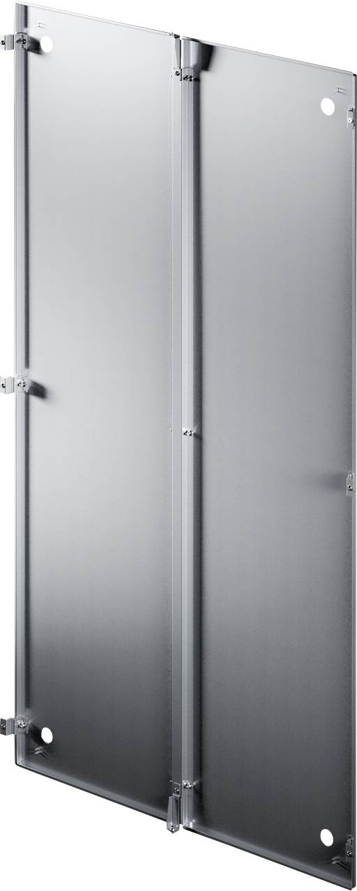 Metal cabinet door with hinges and openings at the corners, for mounting or attaching to a cabinet or frame.