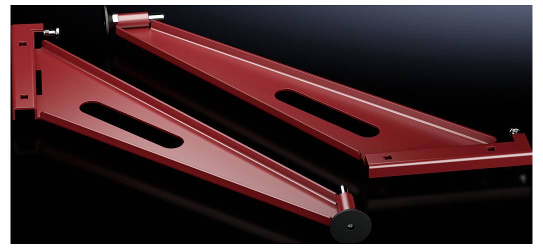 Two red metal struts lie on a black surface. They are identically shaped and each has a round element at the end.