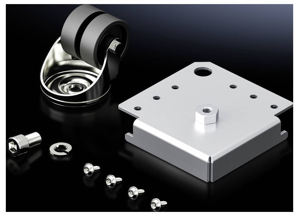 Metal construction kit with roller component, base element, screws and washers, presented on a black background.