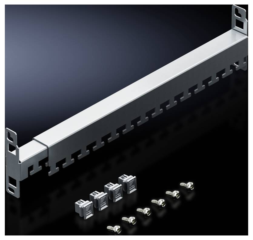 A silver cable management panel for server racks with multiple slots for cable routing. Five metal dowels and screws are placed in front of it.