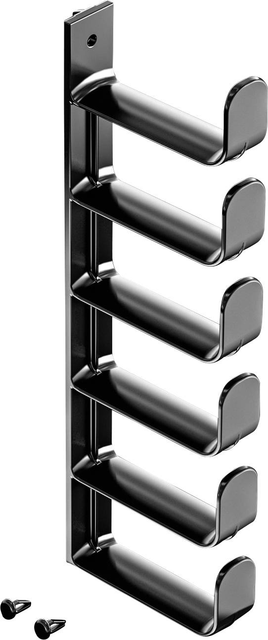 Black Cable Management Organiser with Six Hooks for Wall Mounting, Including Two Screws, for Tidy Cable Storage.