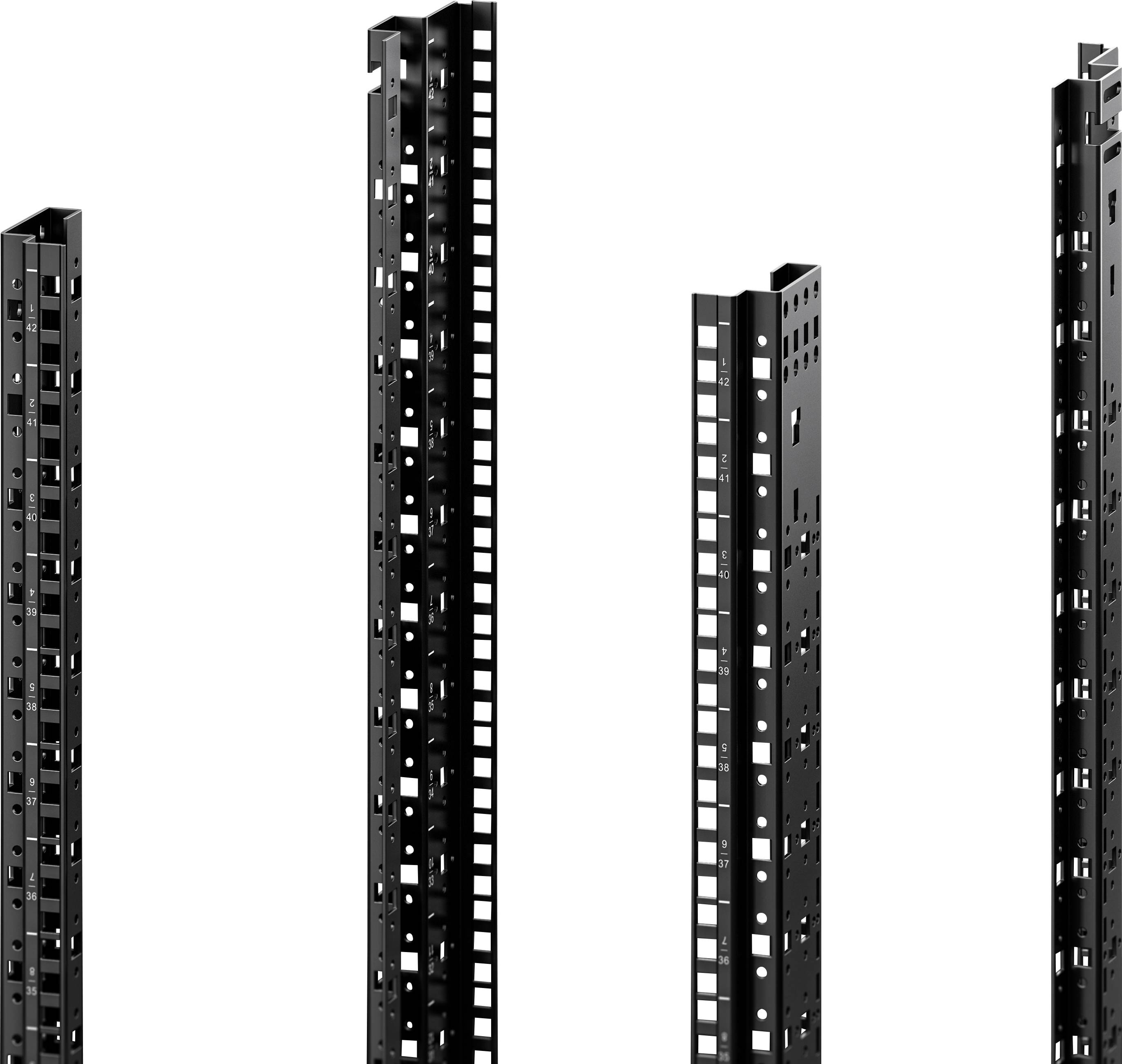 Four different black metal device stands in vertical orientation.