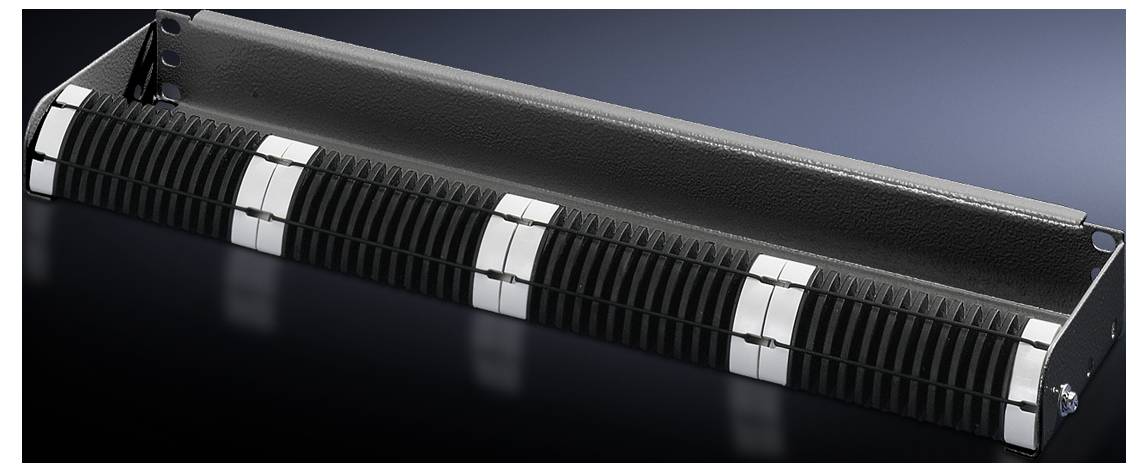 A black, elongated component with six silver stripes on its upper surface, resting on a dark background.