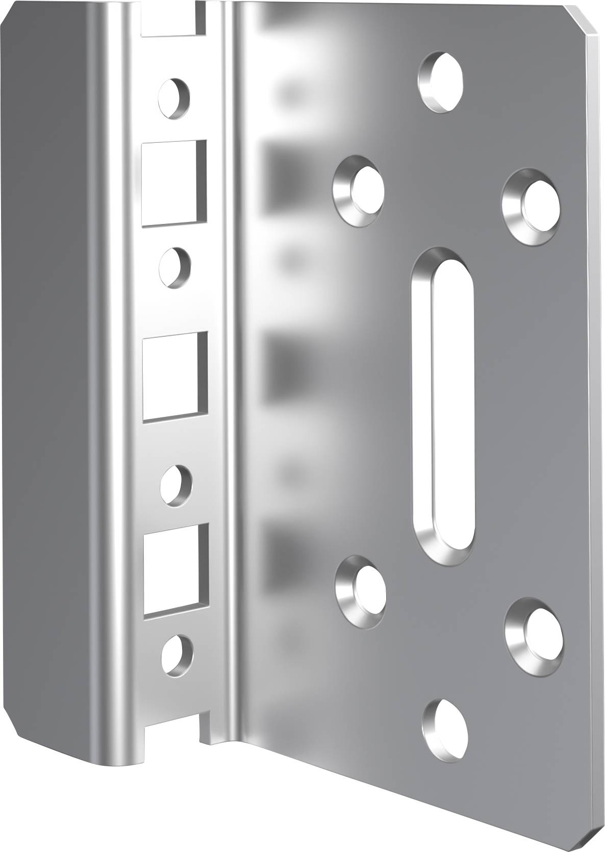 Metal angle brackets for securing shelves, featuring multiple screw and bolt holes, with a robust design ensuring structural stability.