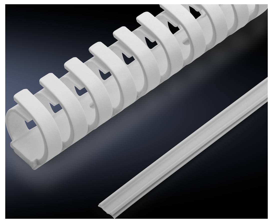 White cable spiral tube and cover, positioned on a black background, used for cable management.