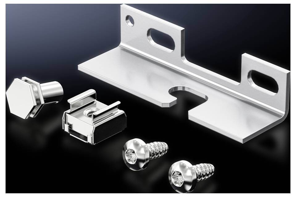 Metal mounting set consisting of an L-shaped bracket, two screws, a hexagonal nut, and a metal clip against a black background.