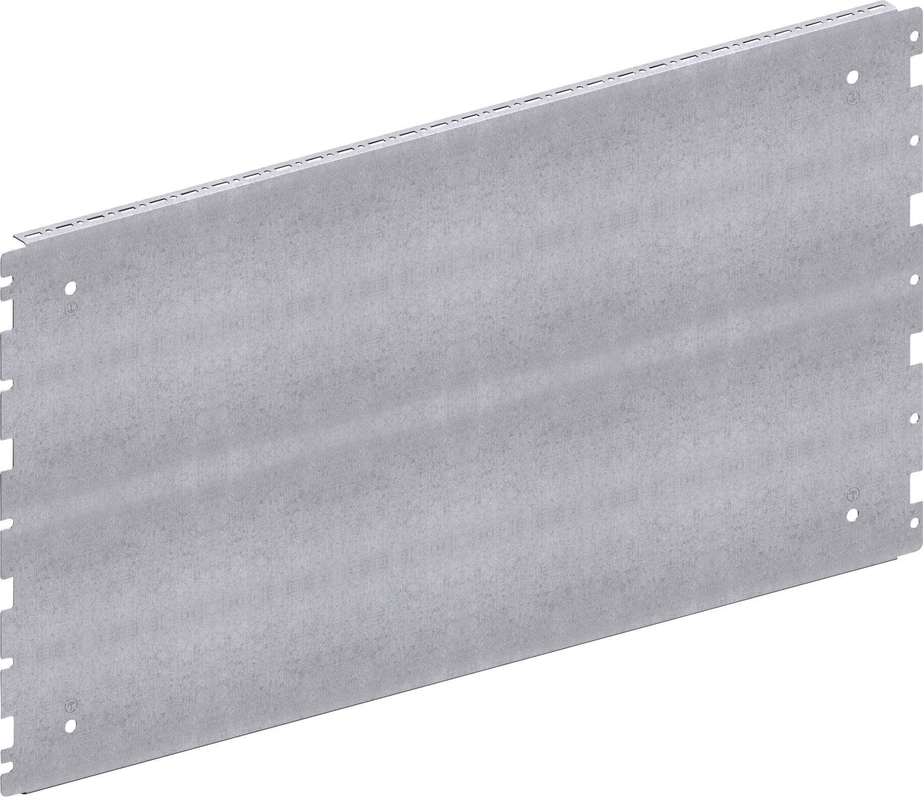 Metal plate with regular fixing holes around the edges, used for industrial assemblies or reinforcements.