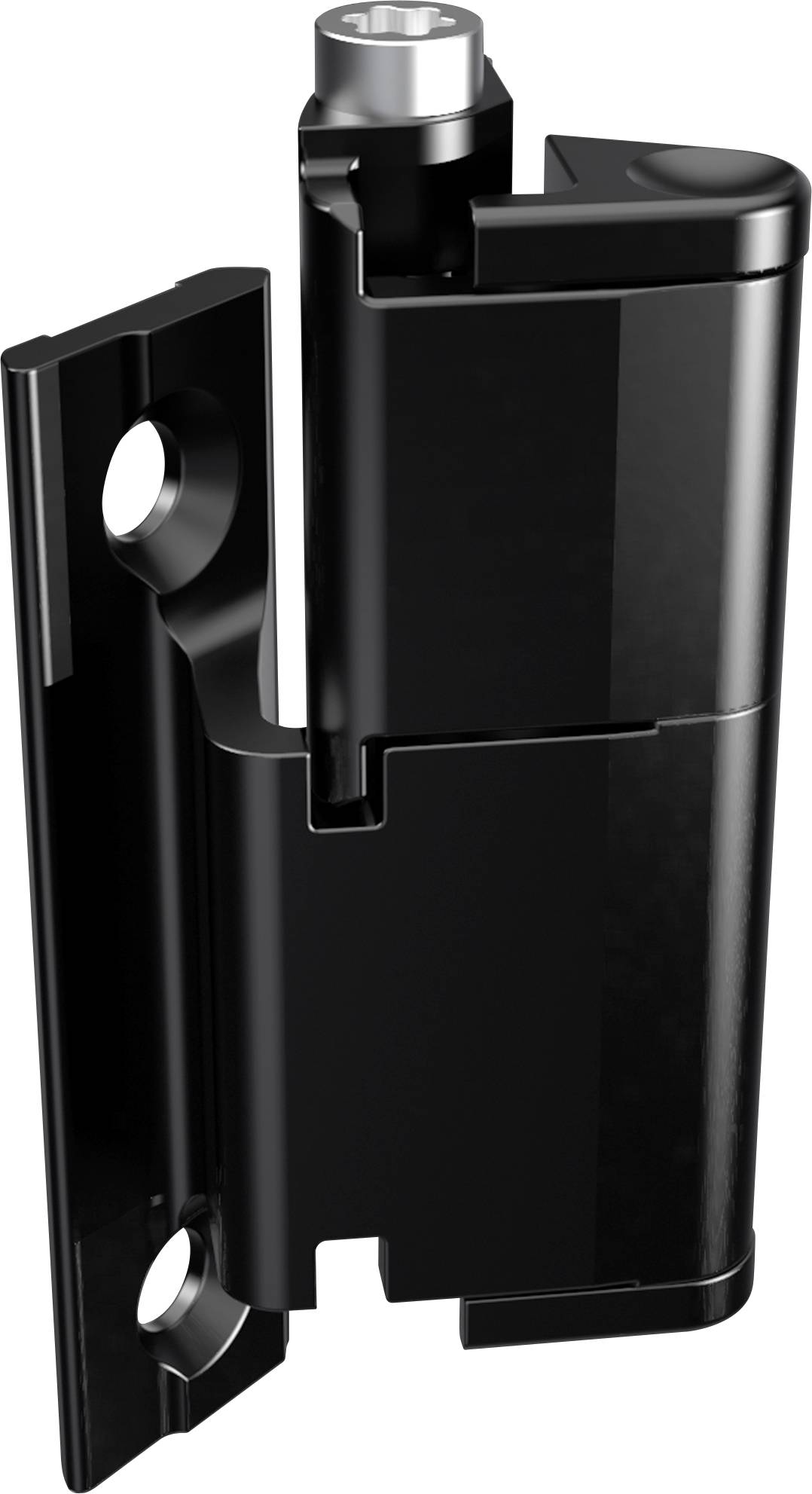 Black metal hinge, vertically oriented, with two mounting holes. Suitable for door or panel installation.