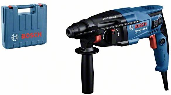 'Bosch Professional Rotary Hammer GBH 2-26' with sturdy carrying case. 550 Watts, suitable for concrete drilling. Ergonomic handle for better grip.
