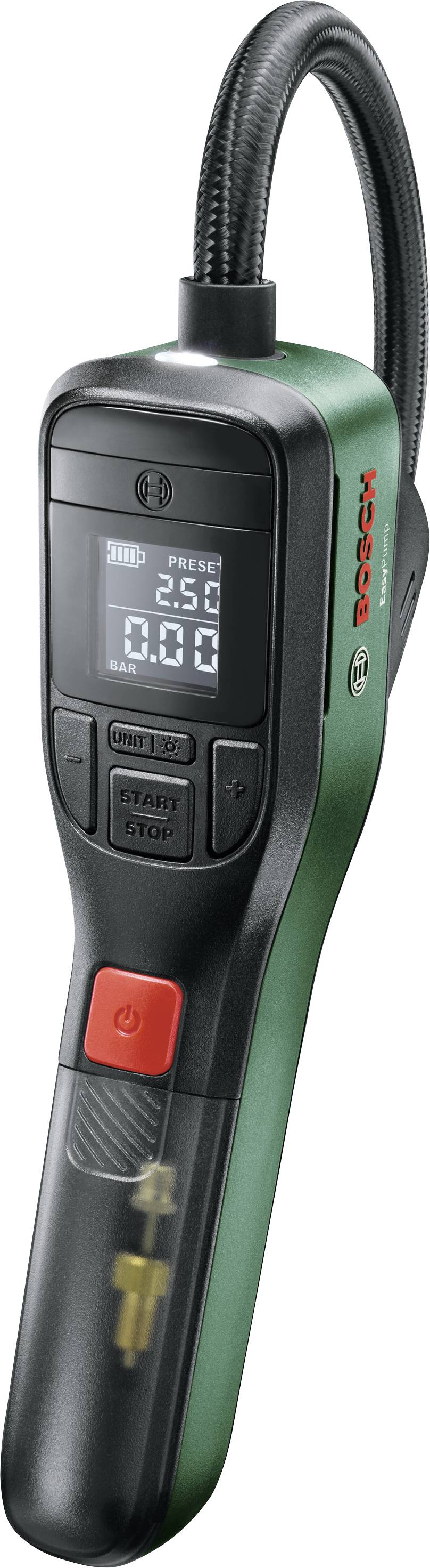 A digital tyre pressure gauge from Bosch with a flexible hose, LCD display showing 2.50 bar and 0.00 psi.