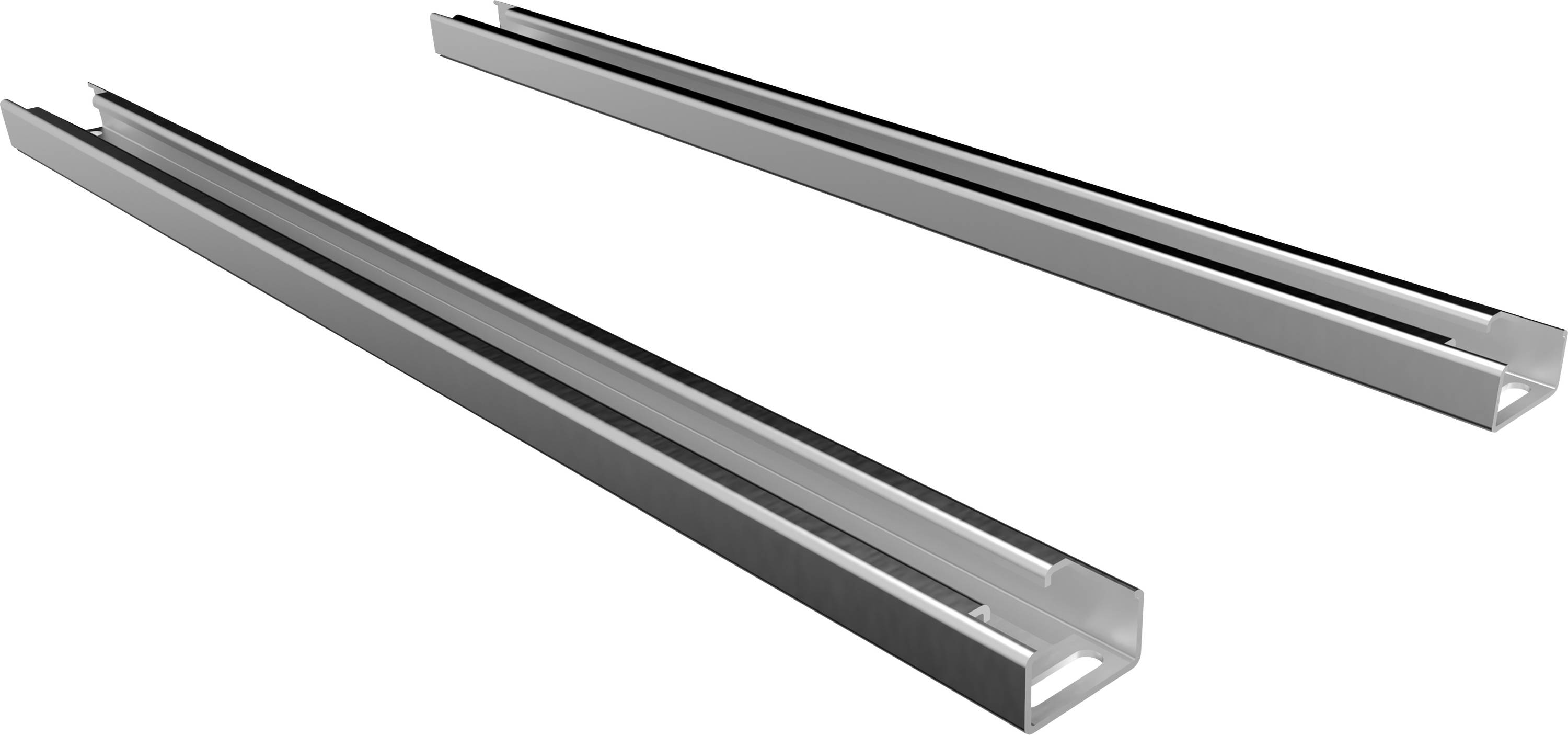Two elongated, metallic rails side by side, one slightly darker than the other, with a U-shaped profile, on a white background.
