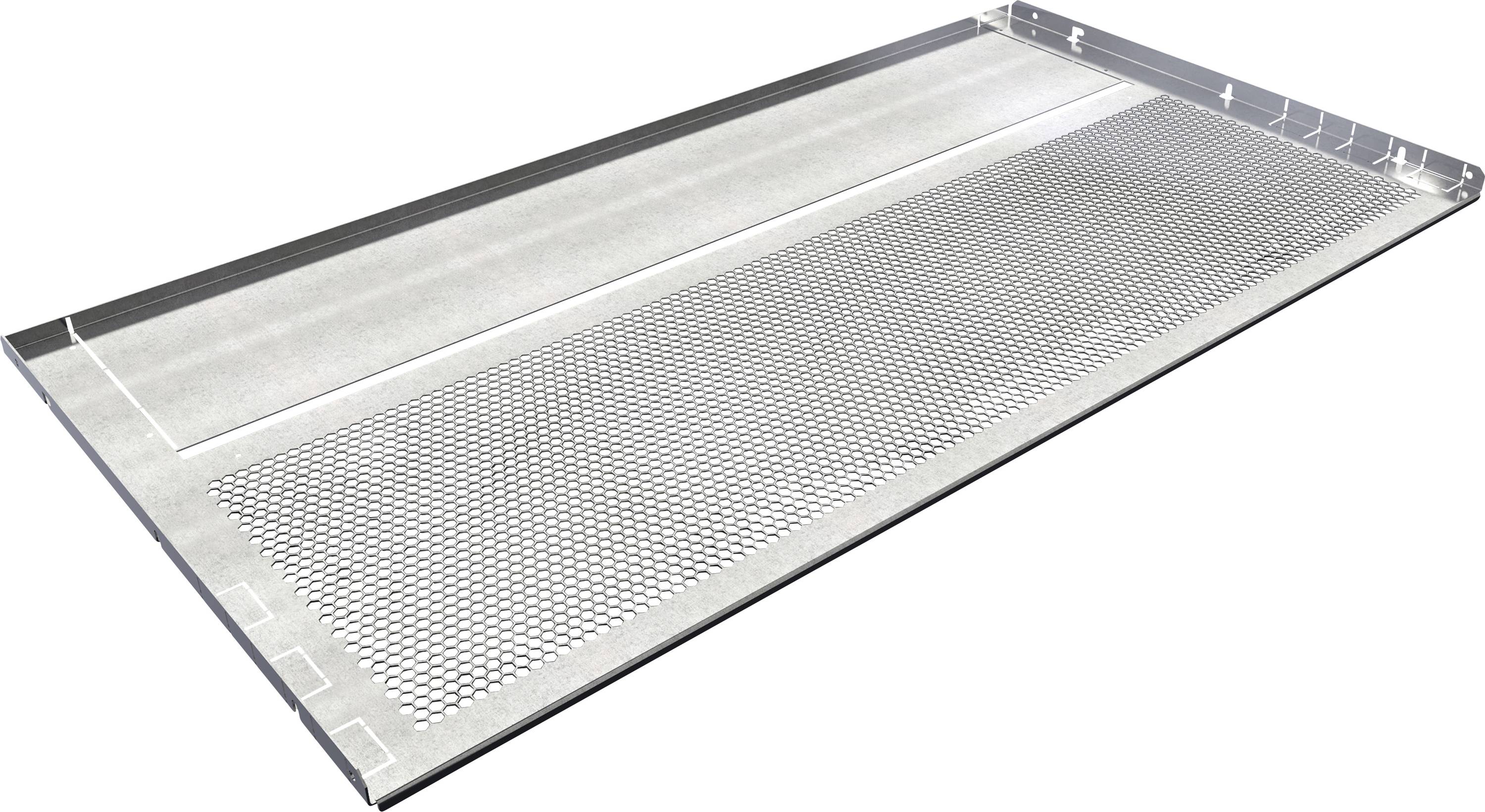 A rectangular aluminium component with a perforated surface in the centre and smooth edges. It is likely used for ventilation or as a cover.