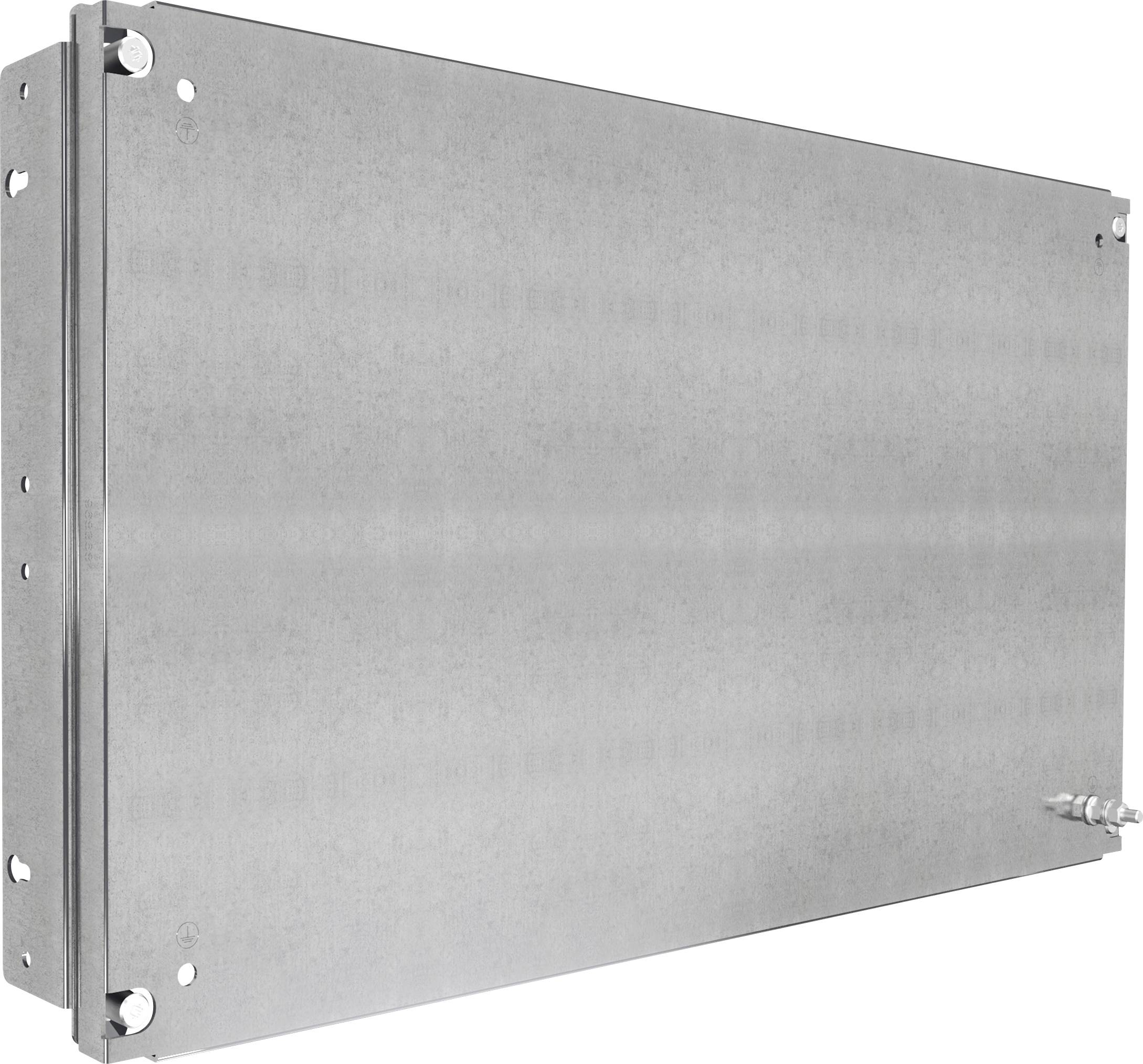 Metal plate with several screw holes at the corners.