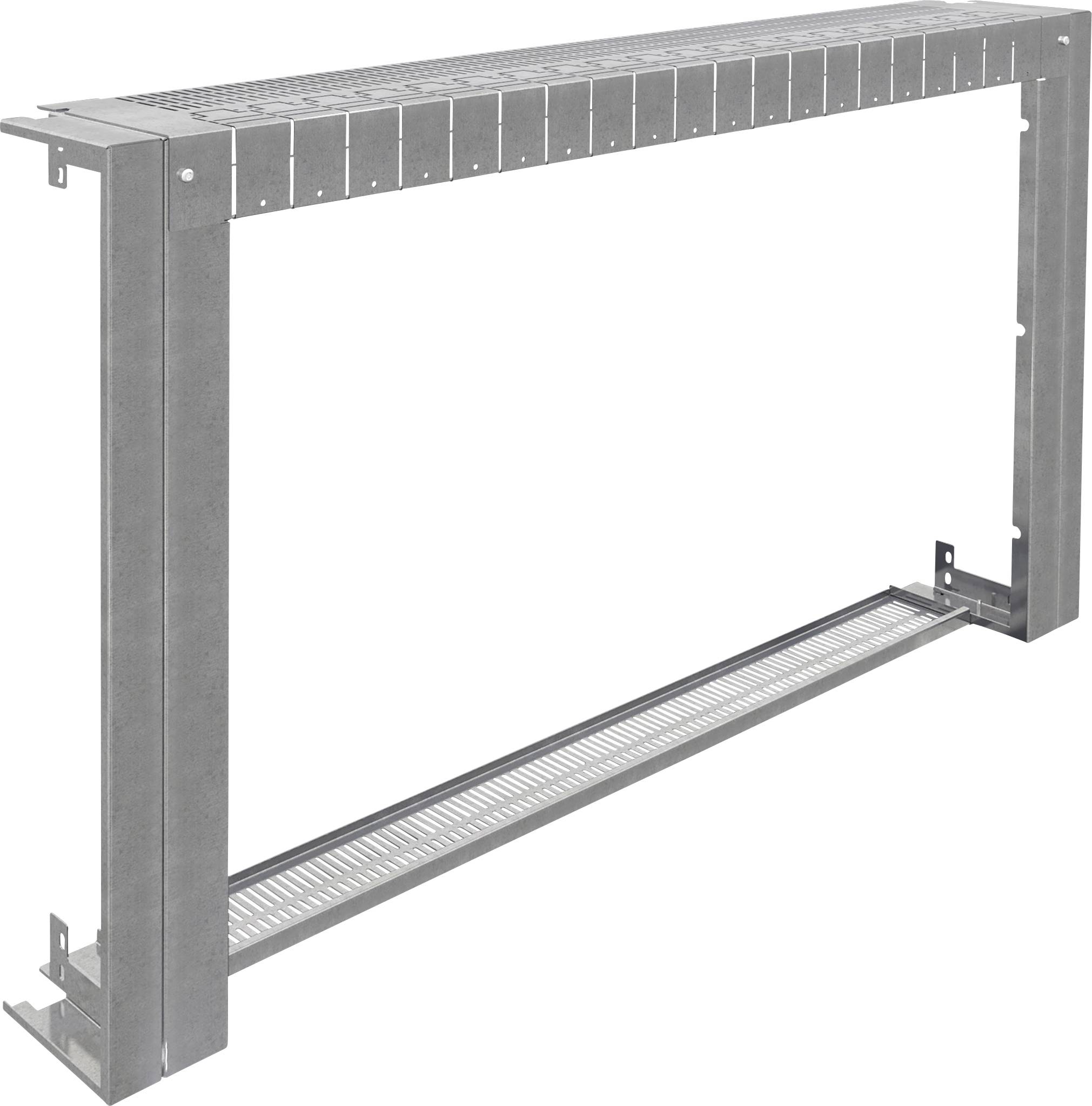 Metal frame with a rectangular shape and perforated upper and lower edges, possibly used as a mounting bracket or framework.