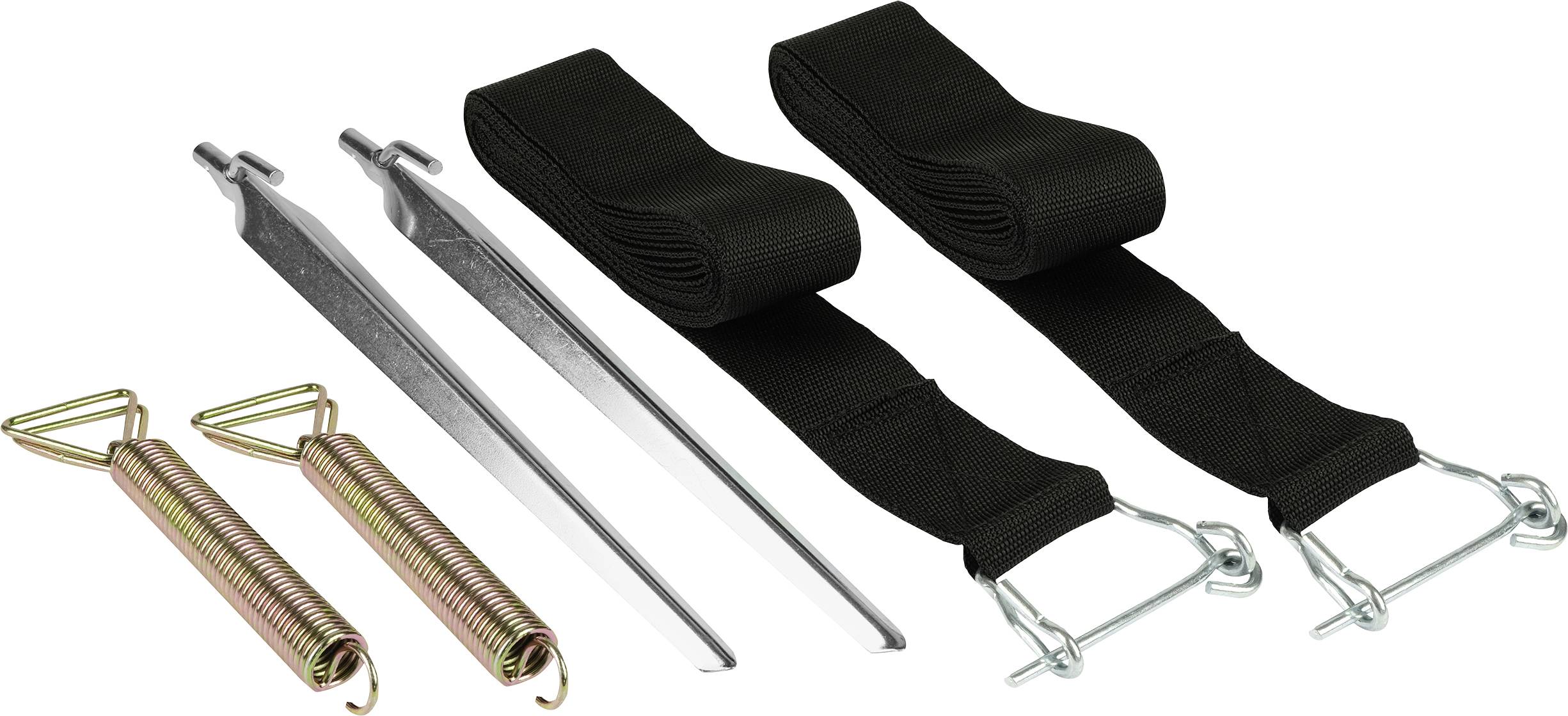 Two black tension straps, two metal hooks and two spring hooks, which can be used for fastening or securing items.
