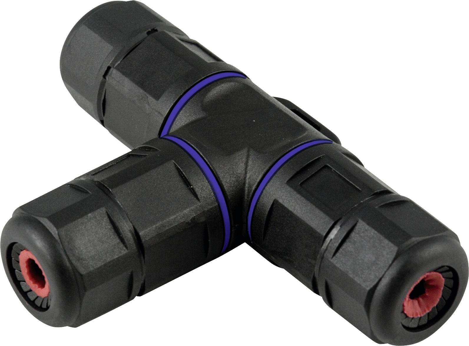 Black T-shaped plastic quick connector with blue rings and red valves, suitable for piping systems and cabling.