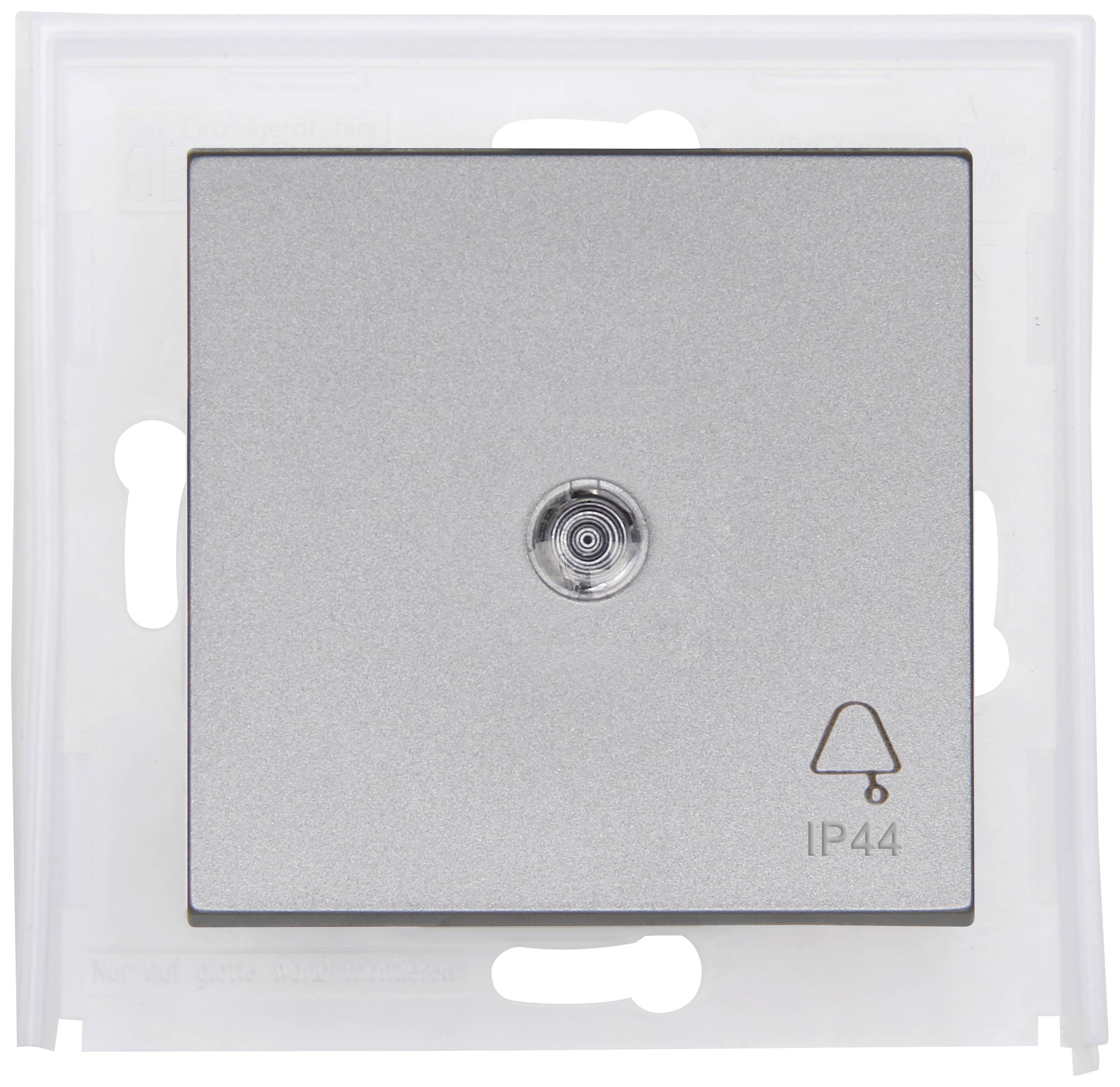 Silver door bell push button with a small bell and IP44 symbol underneath, indicating water resistance.