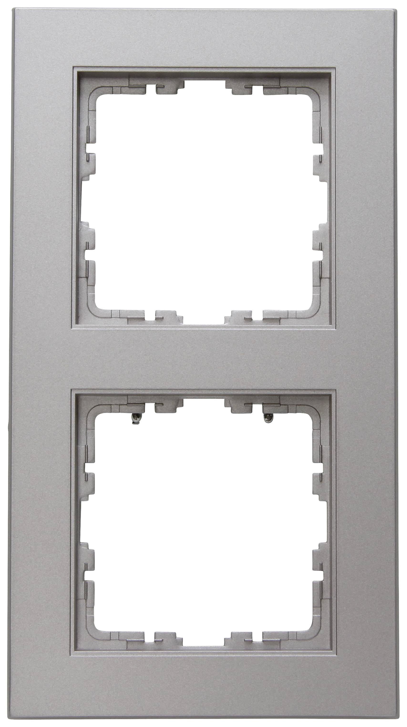 Double socket plate in matt silver-coloured plastic with two square openings for sockets or switches.