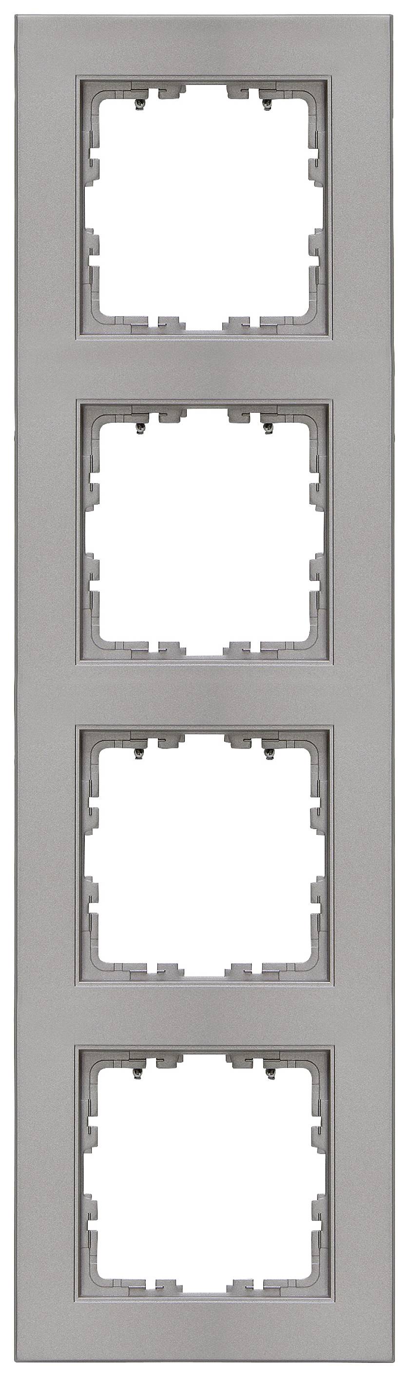 A four-gang metal frame for sockets or switches, with rectangular cut-outs in a vertical configuration.