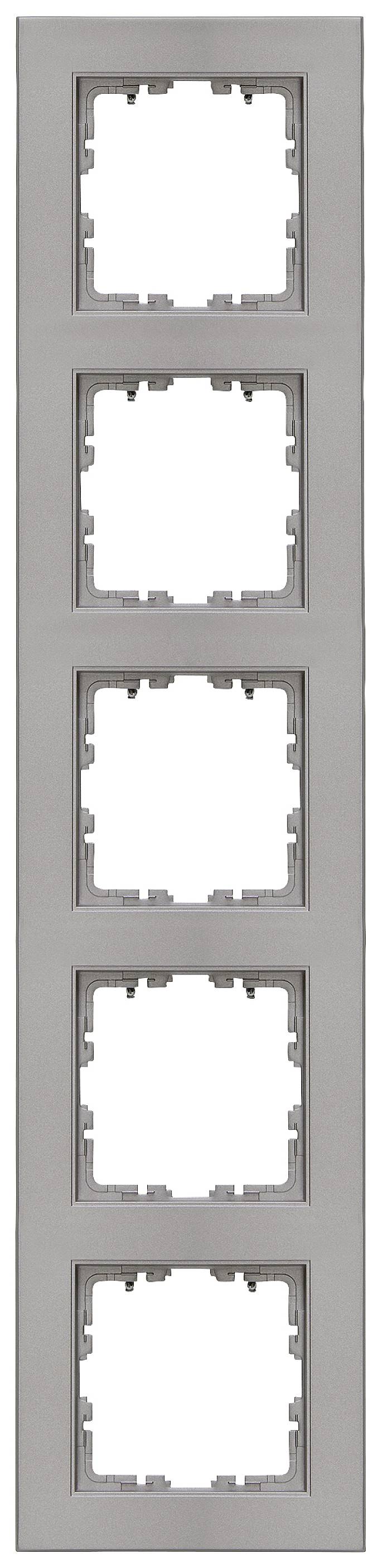 Metal light switch frame with five slots, vertically arranged, suitable for switches or sockets in a wall installation.