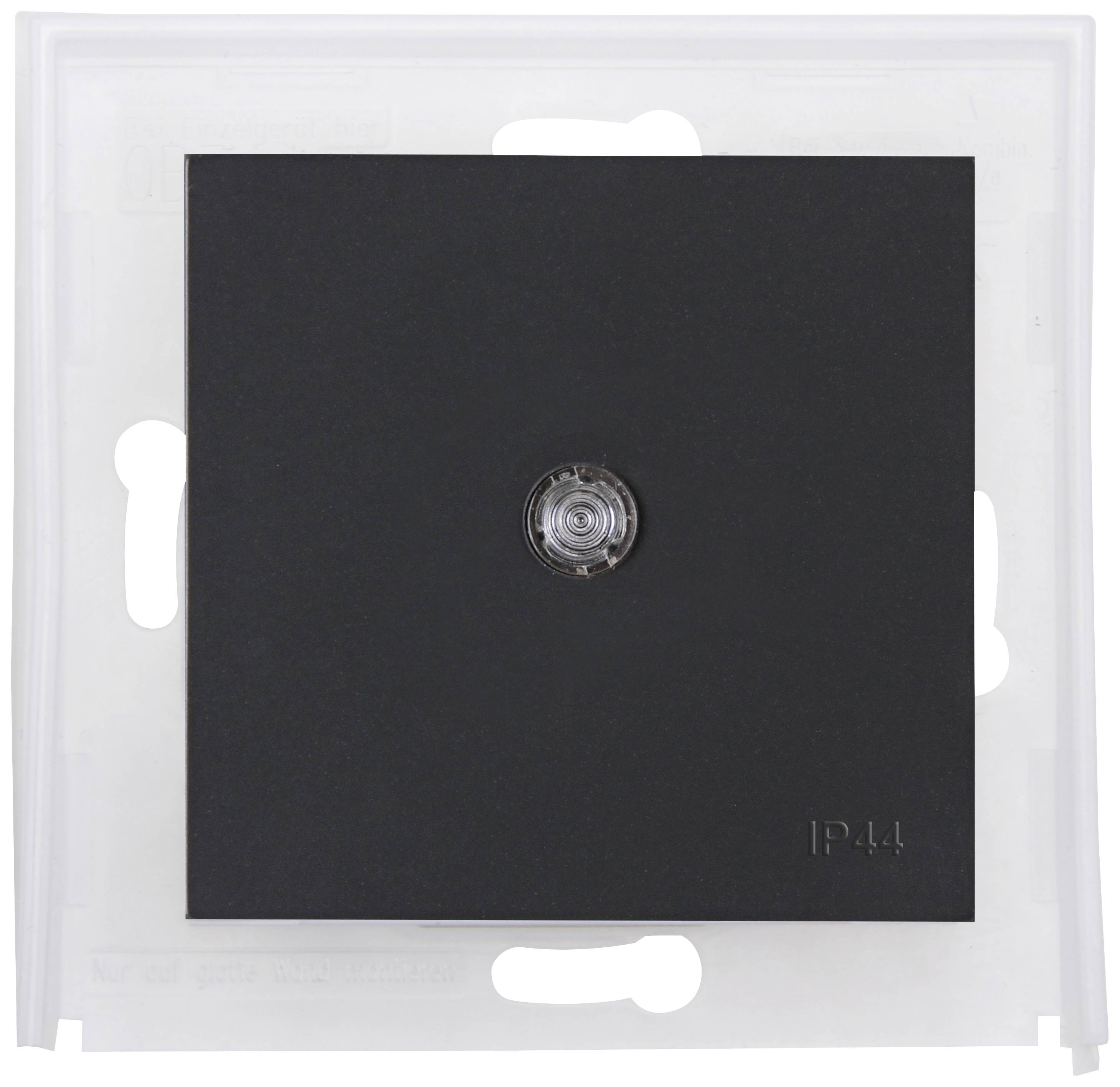 Black square wall switch with a central round button, mounted on a white cover, marked 'IP44'.