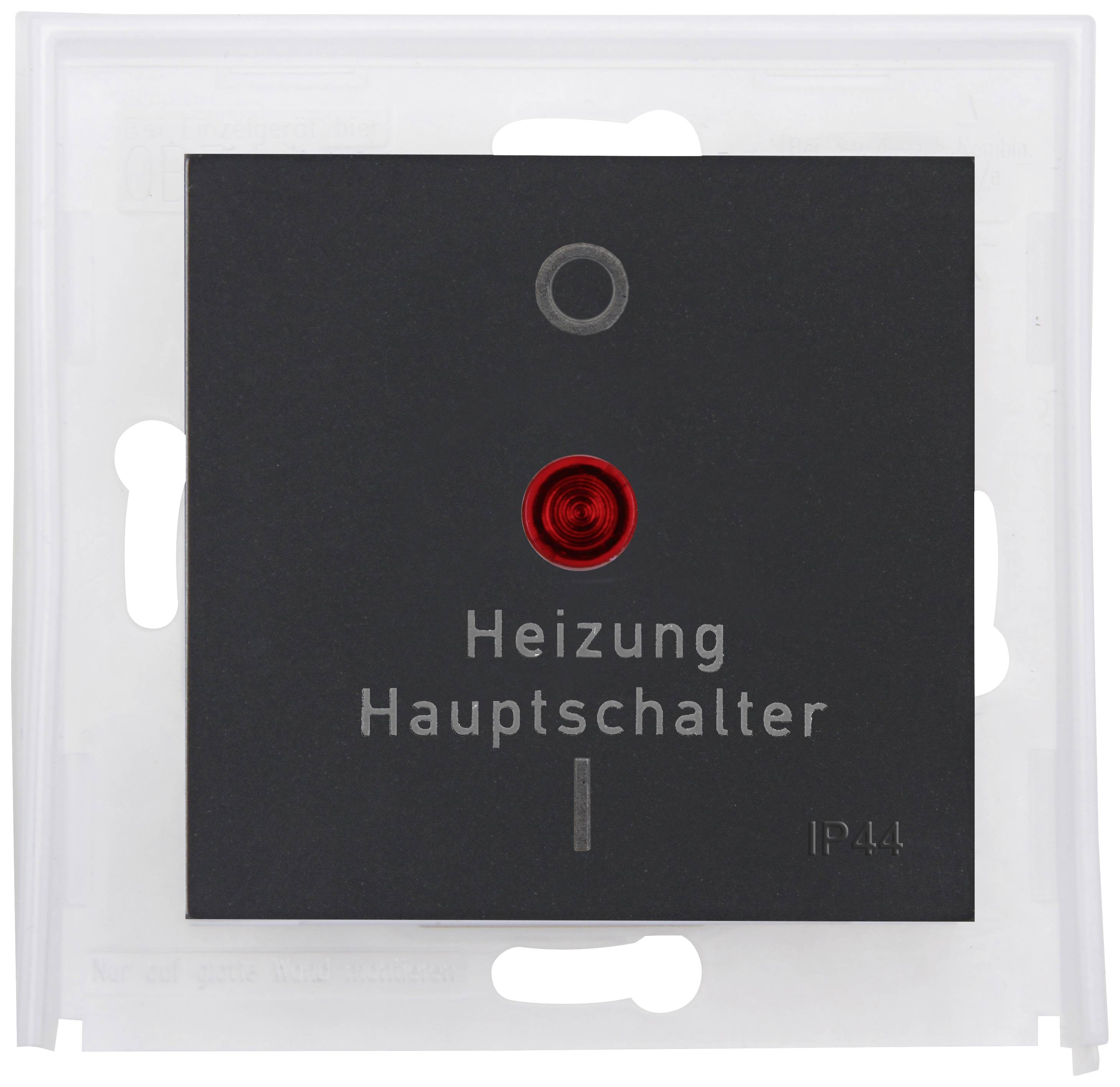 'Heating Main Switch' on black switch with red indicator light, mounted in white frame. Text 'IP 44' bottom right.