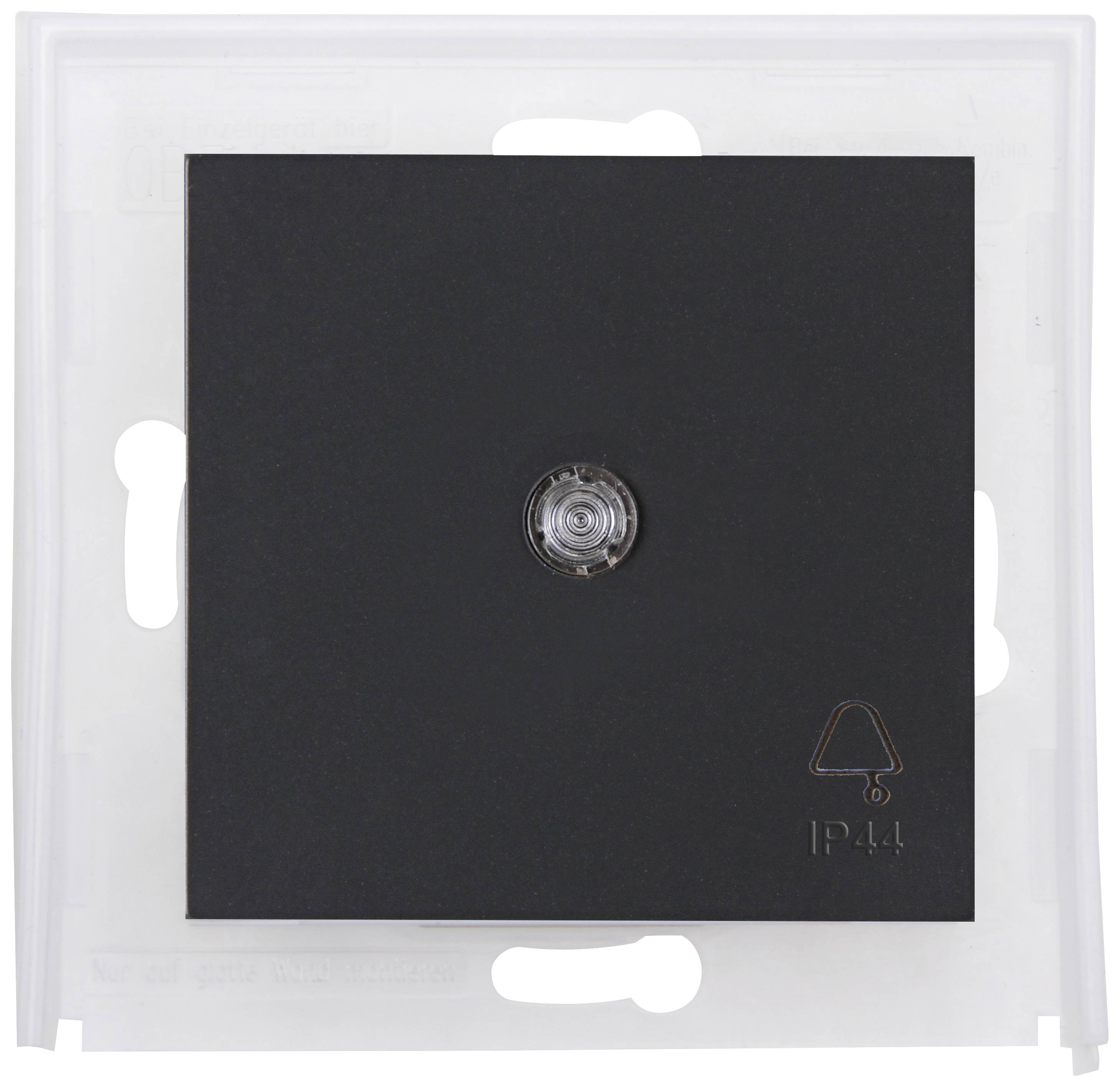 A square door push button in black plastic with a transparent pressure surface, suitable for bell systems (IP44).