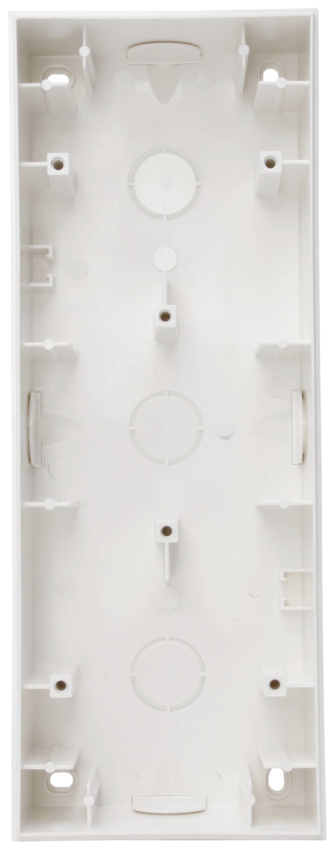 White rectangular mounting bracket with round cutouts and multiple small mounting holes, for technical or electronic installations.