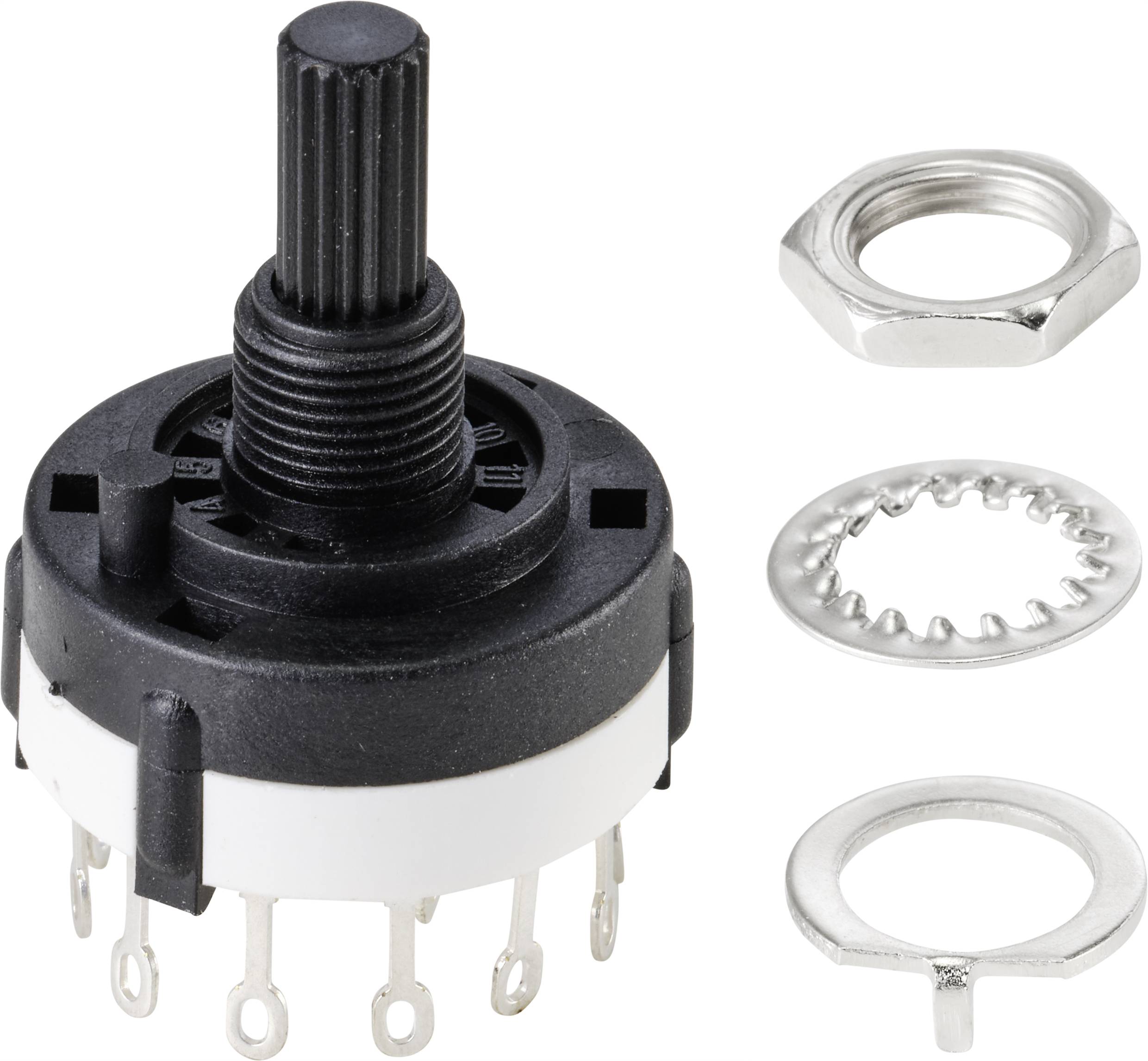 Rotary switch with plastic handle and six electrical connections, alongside three metal rings and a hexagonal nut.