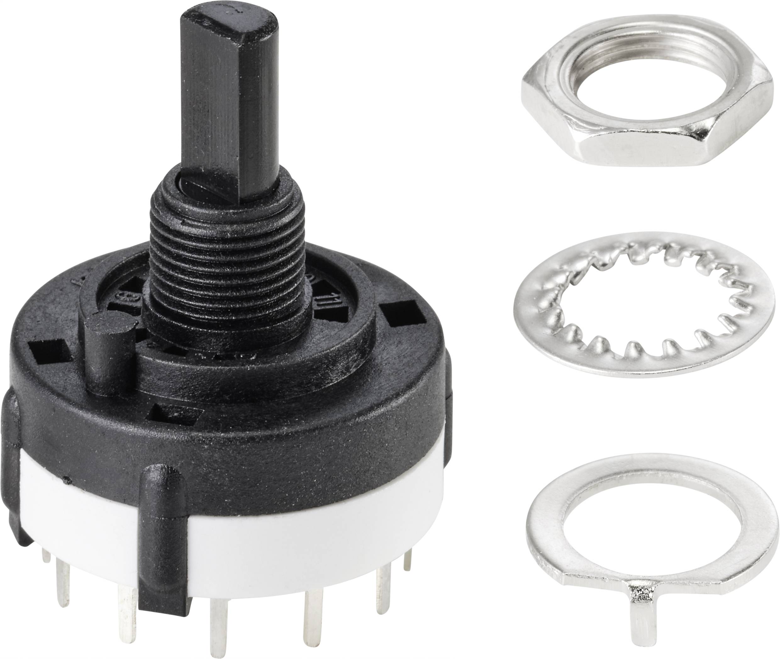 A multi-stage rotary switch with a black rotary knob, surrounded by three metal components: two washers and a hexagonal nut.