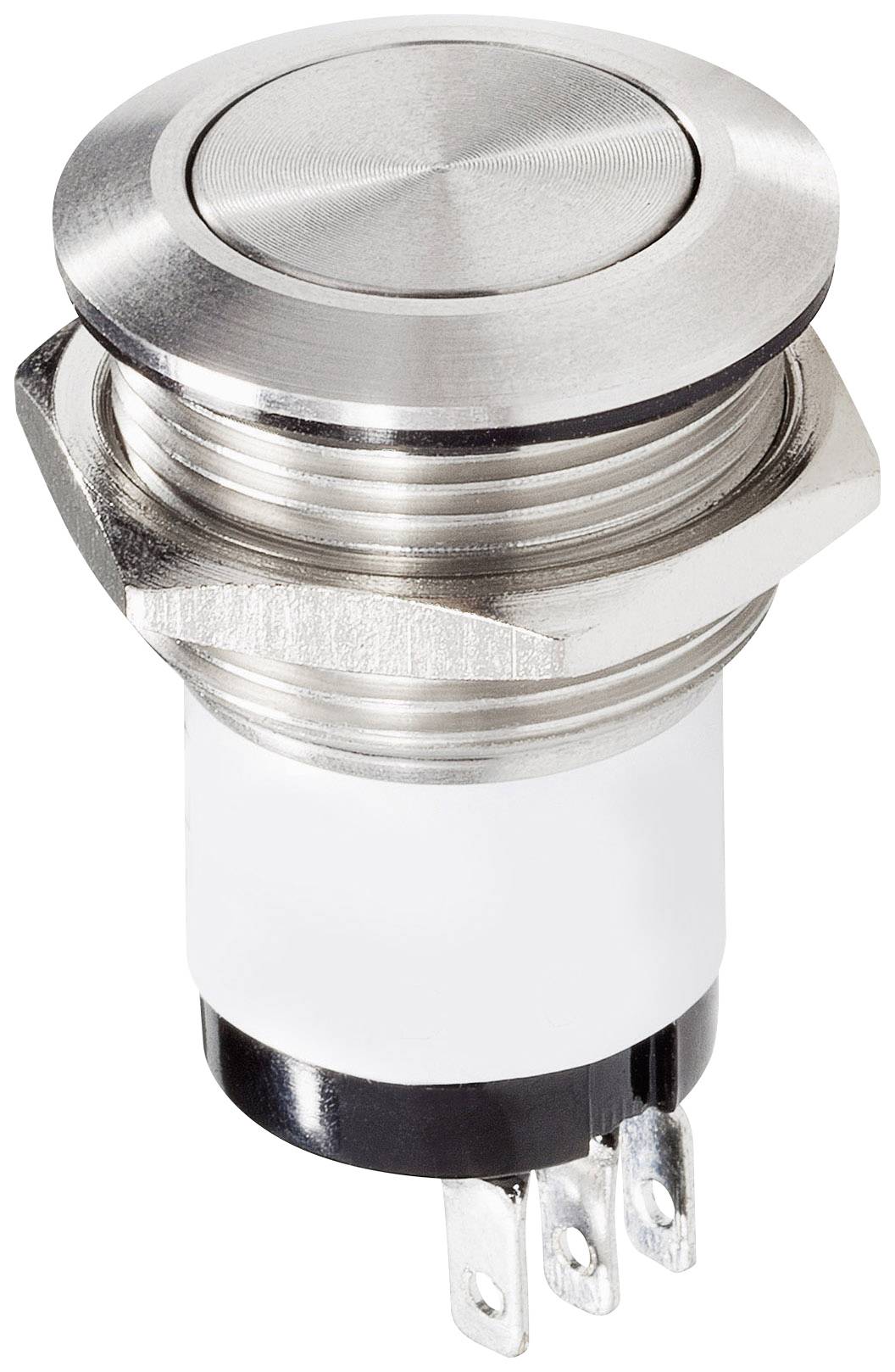 Metal switch with round button and three connection terminals, suitable for mechanical or electronic device operation.