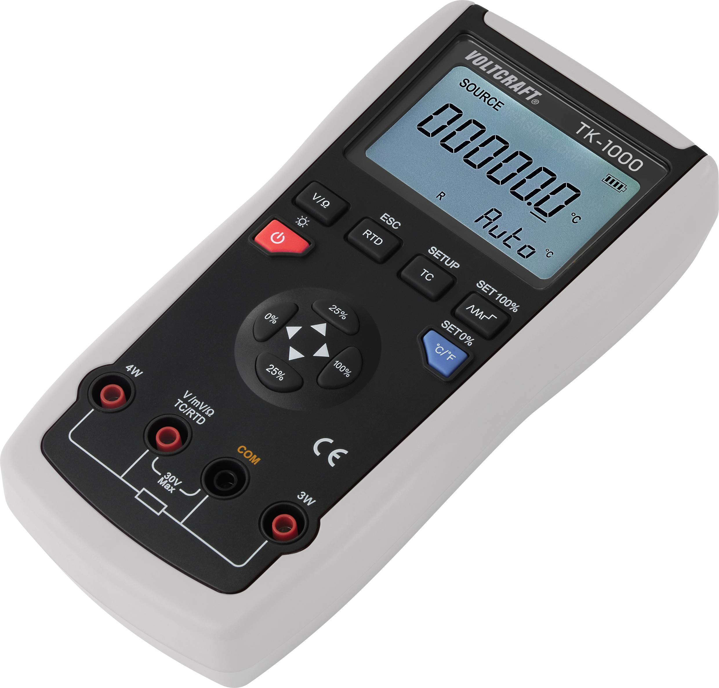 Multimeter TK-1000 with digital display shows measurement values and options. Rotary dial and buttons for selection and settings.