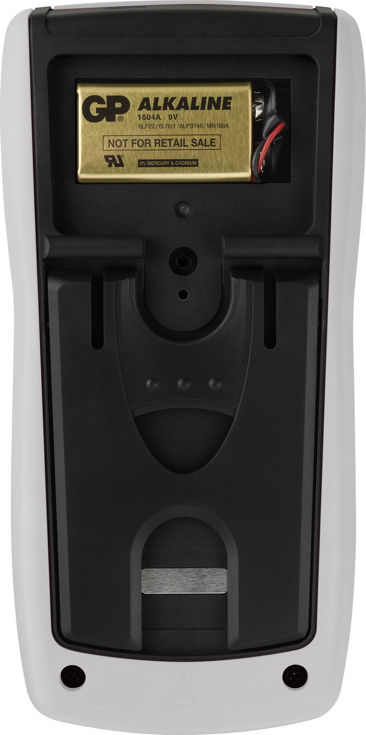 A remote control with its back panel open, revealing an inserted alkaline battery.