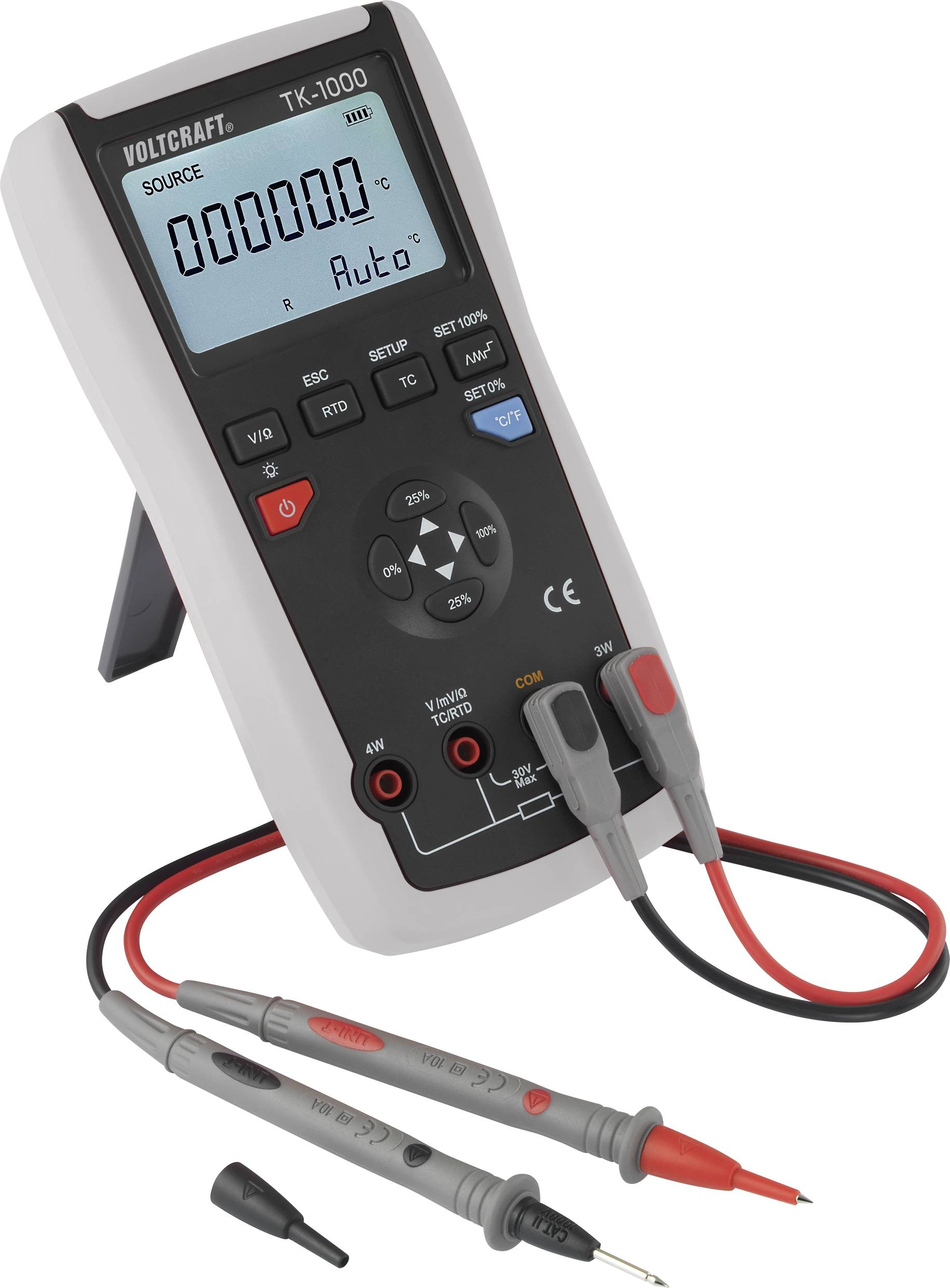 A digital multimeter is standing on a stand, displaying 'Auto' on the screen and has measuring cables with red and black tips.