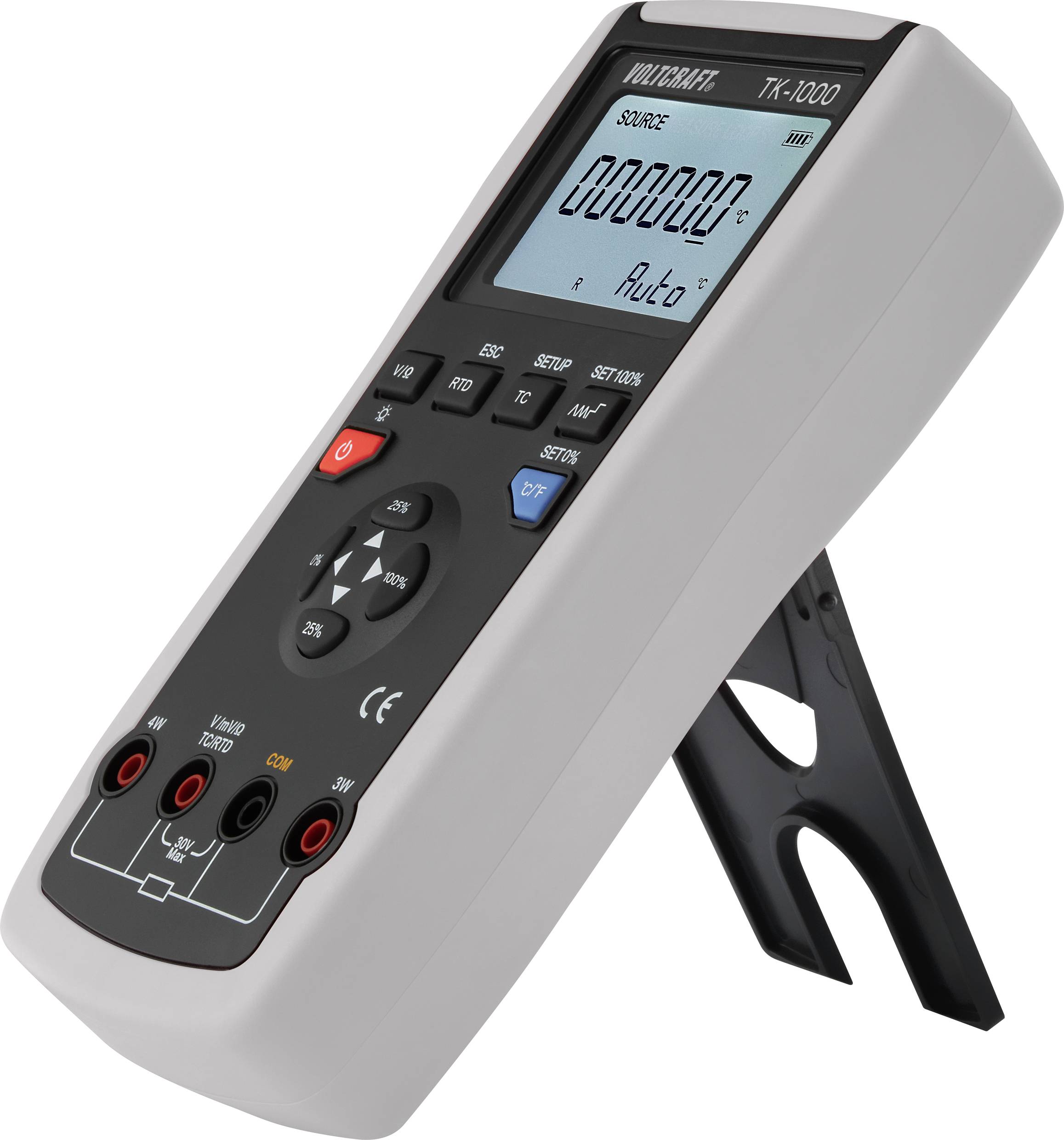 A digital multimeter in a plastic casing with a display and multiple buttons for measuring electrical quantities.