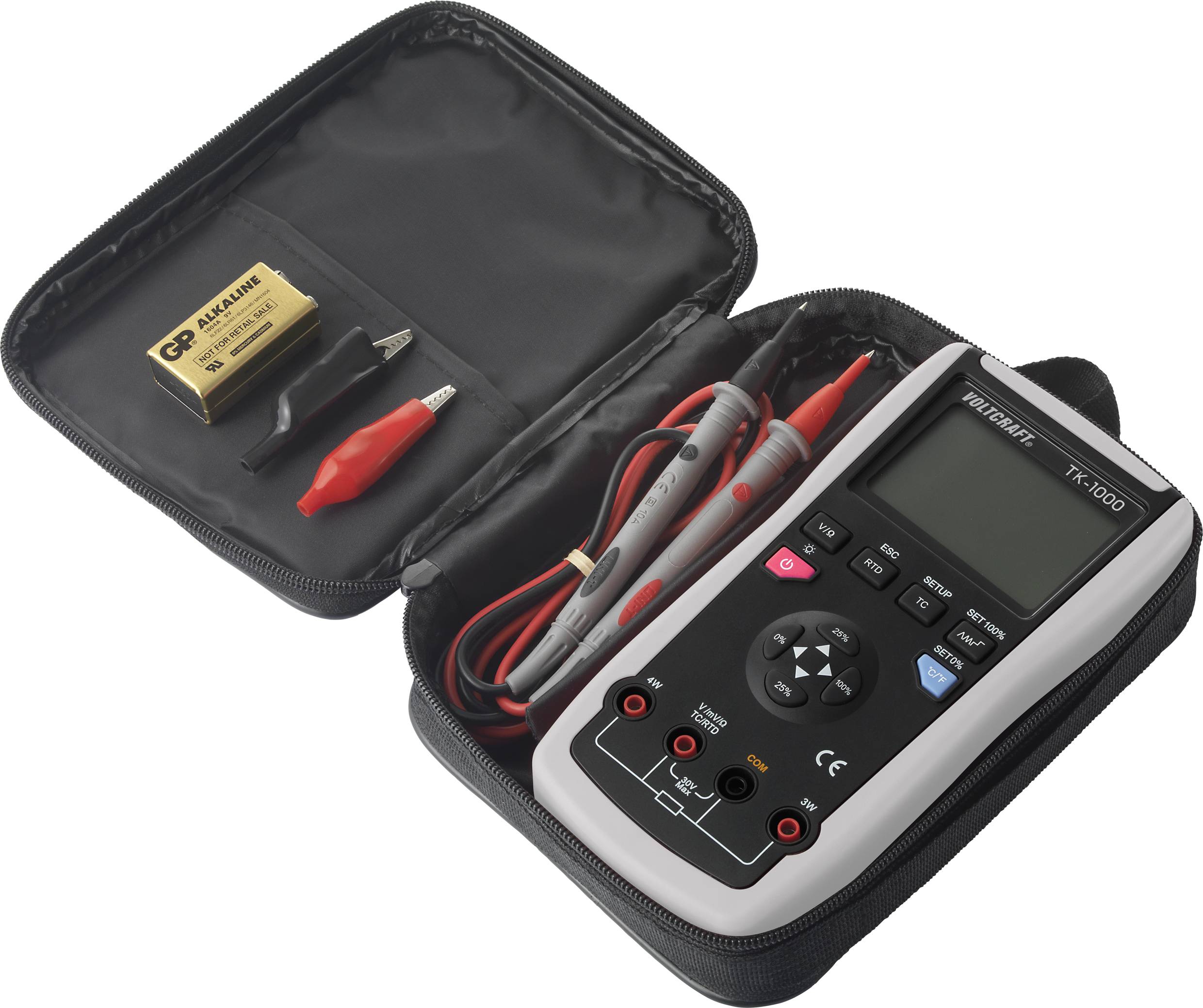 Measuring device in an open bag with batteries, cables, and accessories.