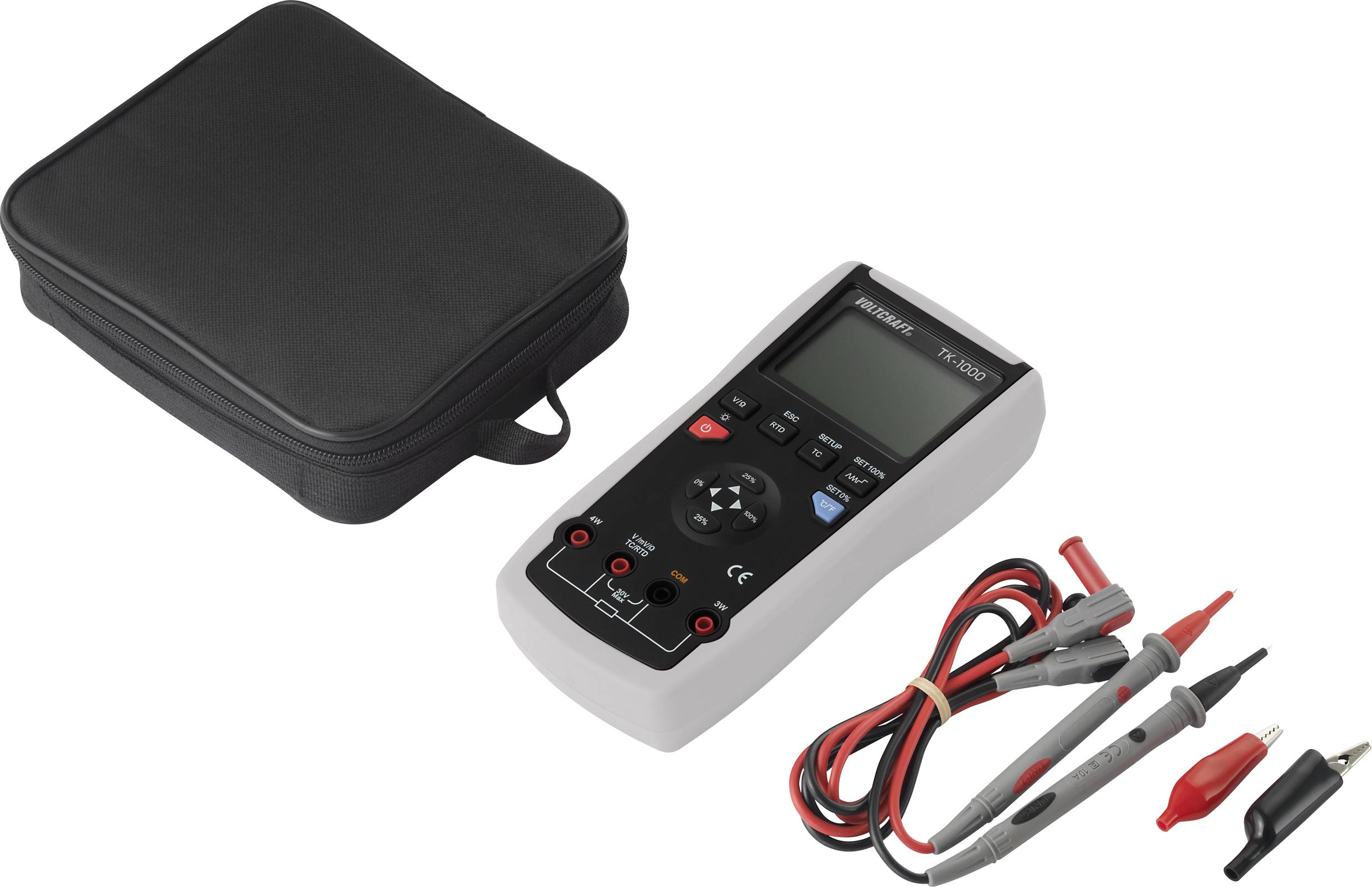 A digital multimeter with black and red test leads lies beside a black carrying case.