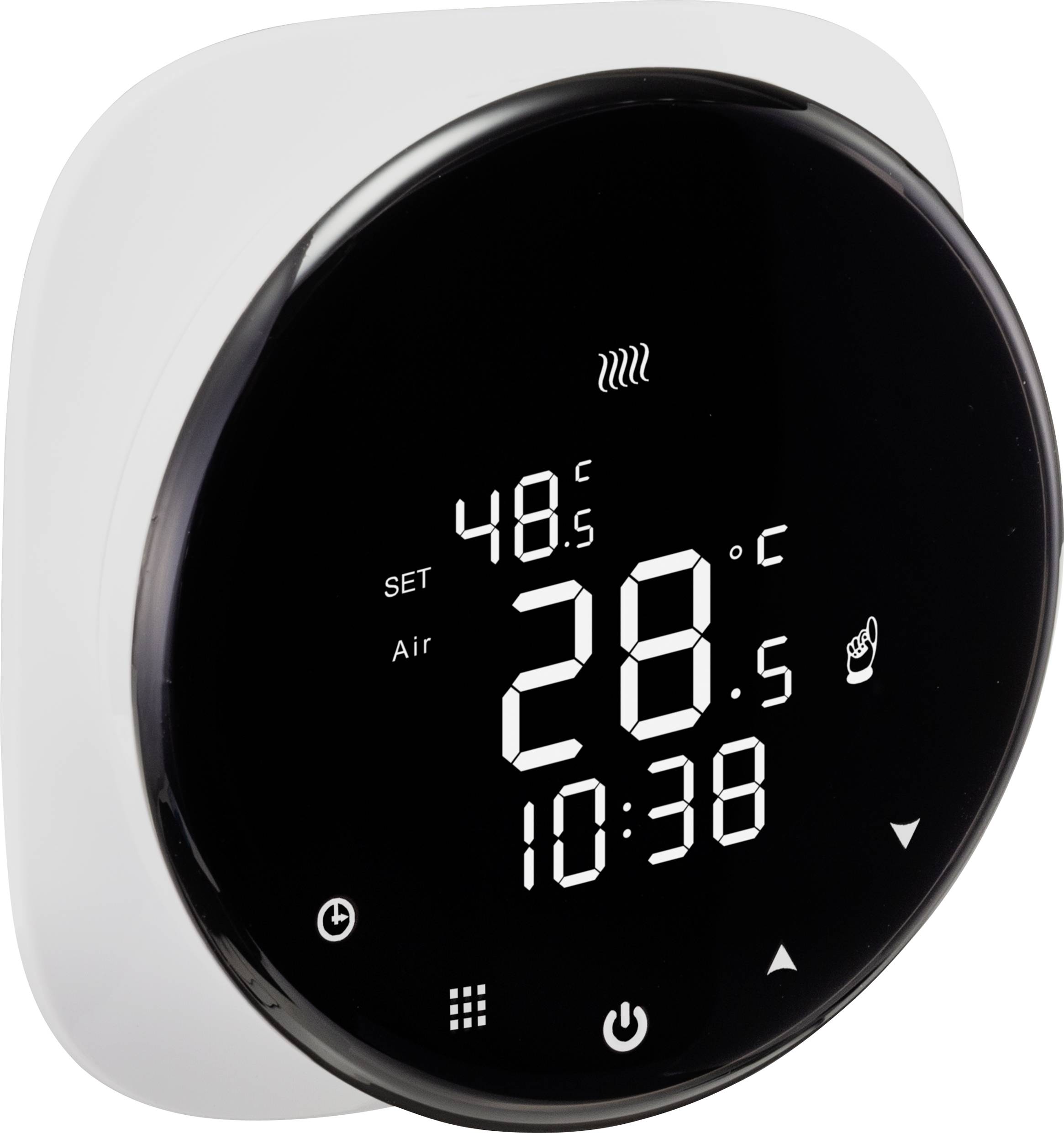A digital thermostat displays the set and current temperature. The display includes symbols for heating and time.