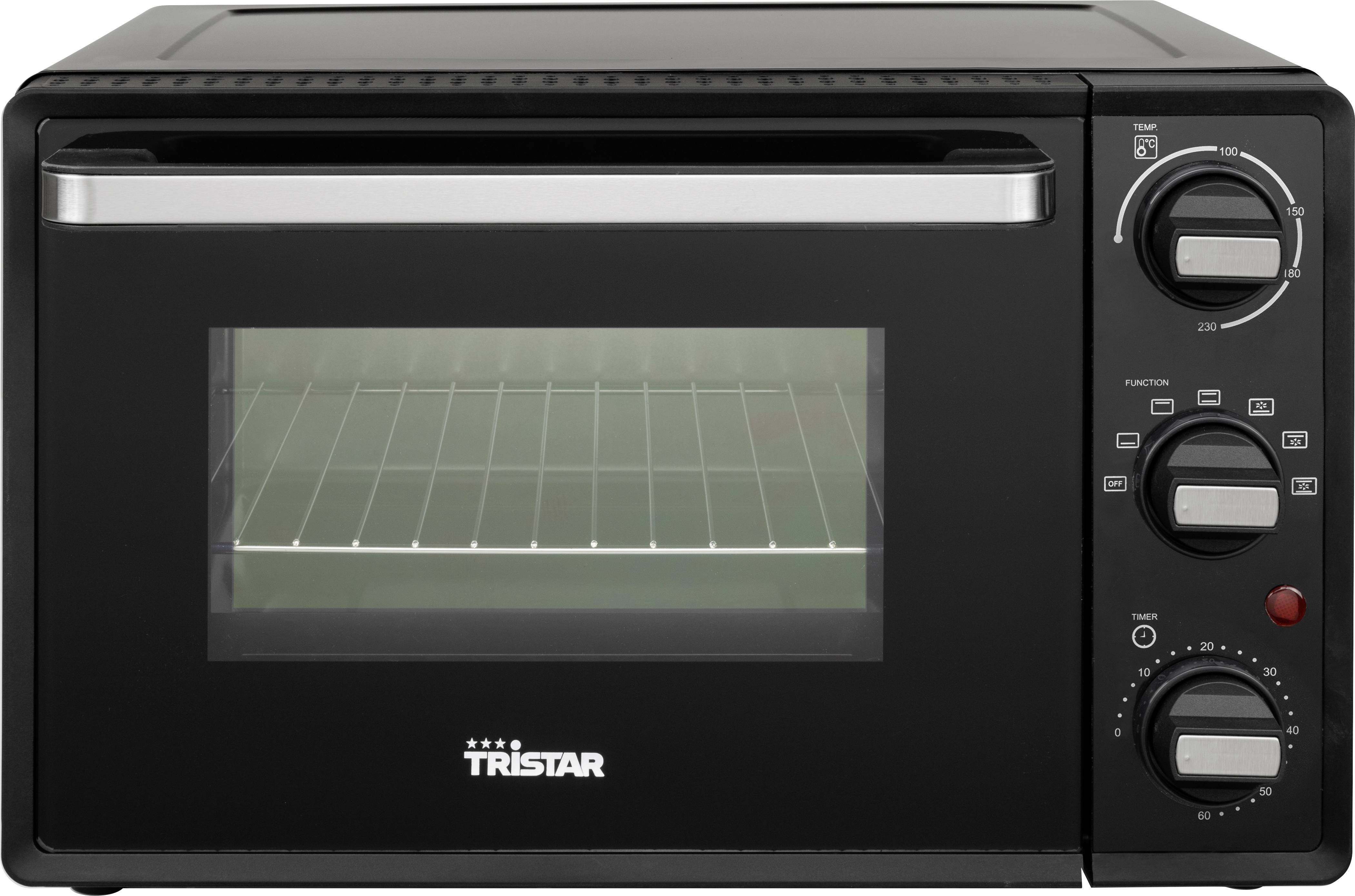 Black mini oven with a glass door and controls on the right side. Inside there is a metal rack. Marked with 'Tristar'.