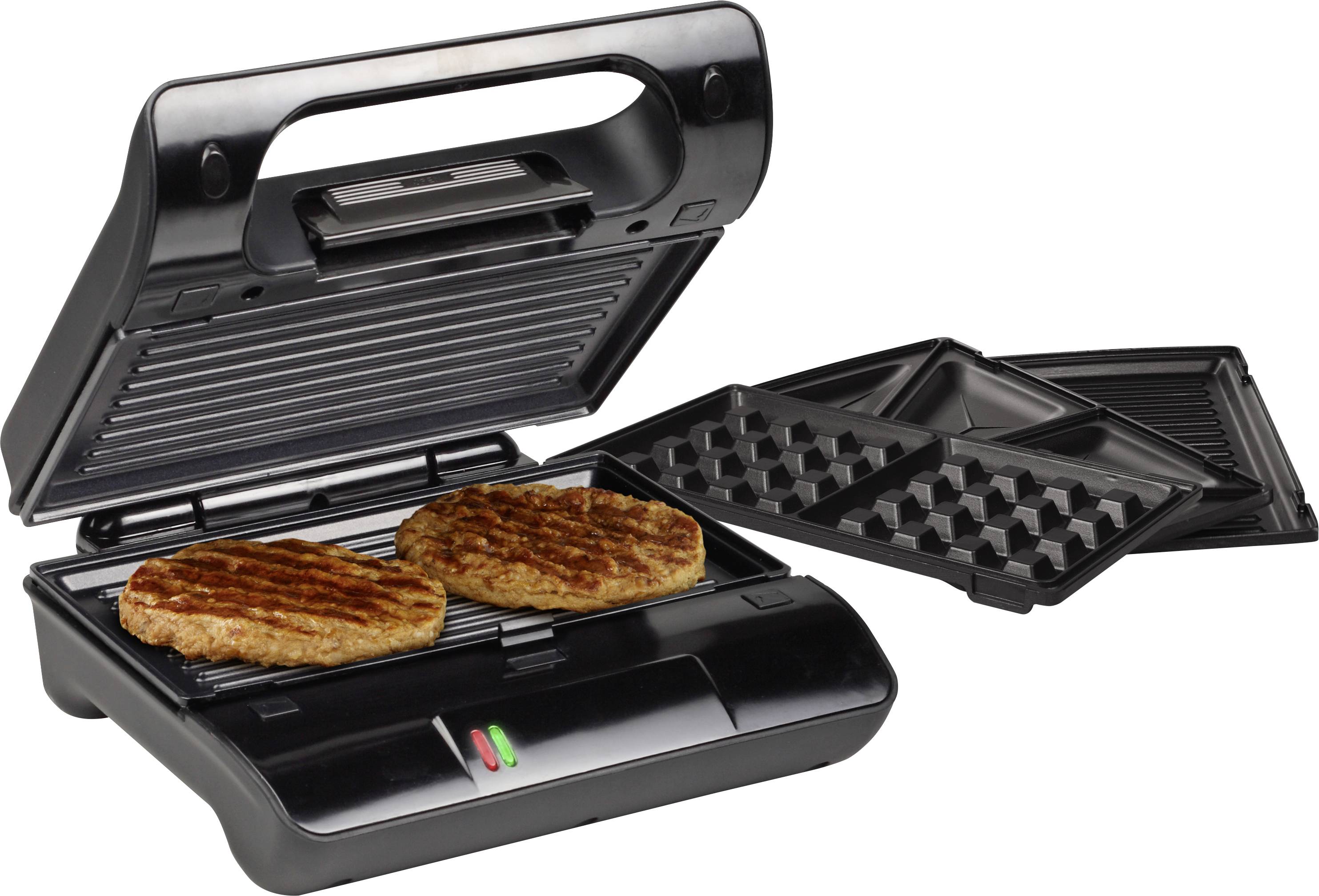 A versatile open multi-functional appliance with two grilled burgers, interchangeable plates showing options for waffles and sandwiches.