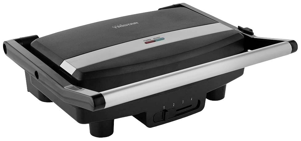 A black electric grill with metal handles on both sides, suitable for grilling sandwiches or meat.