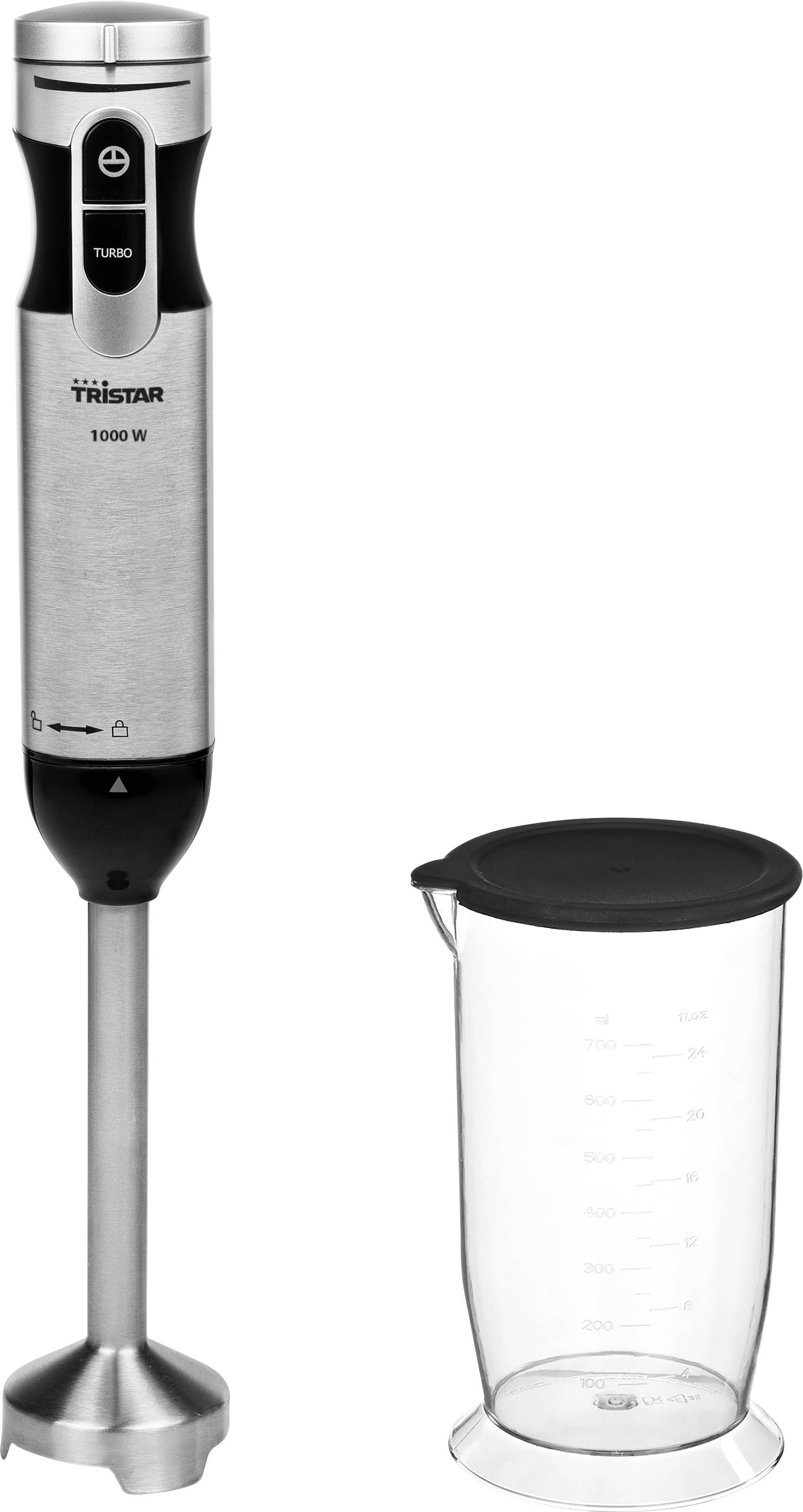 Tristar MX-4828 Hand-held blender 1000 W with graduated beaker, Turbo function, stepless speed control Stainless steel, Black