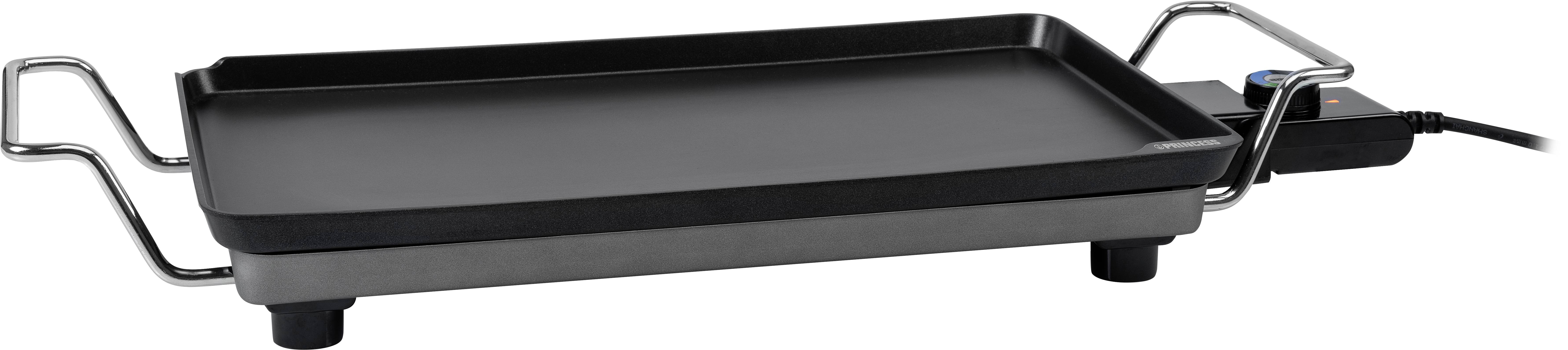 Electric griddle with black handles and power cord. Flat, rectangular cooking surface, suitable for indoor grilling.
