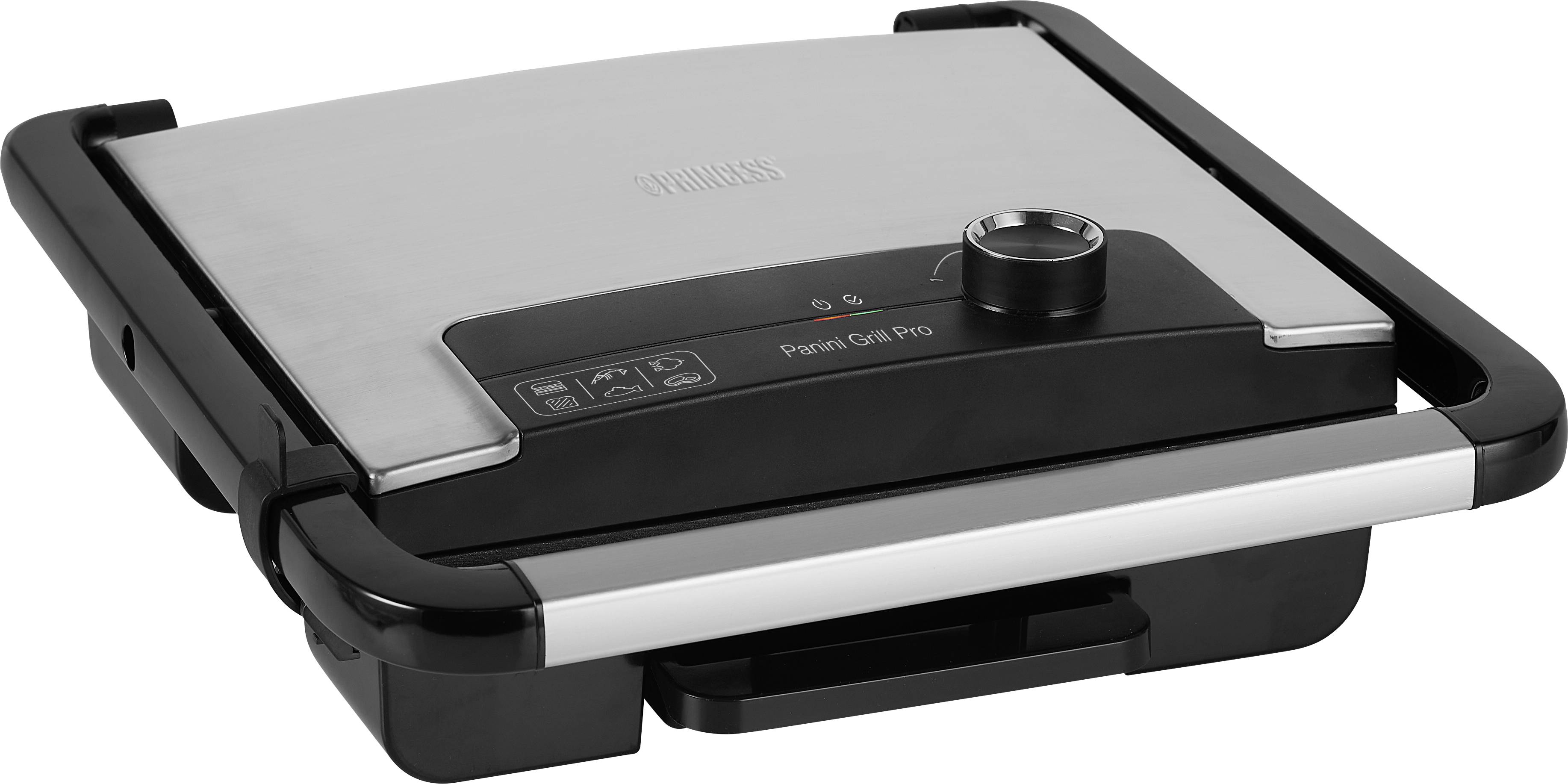 Electric contact grill with stainless steel casing and rotary control, suitable for grilling and toasting.