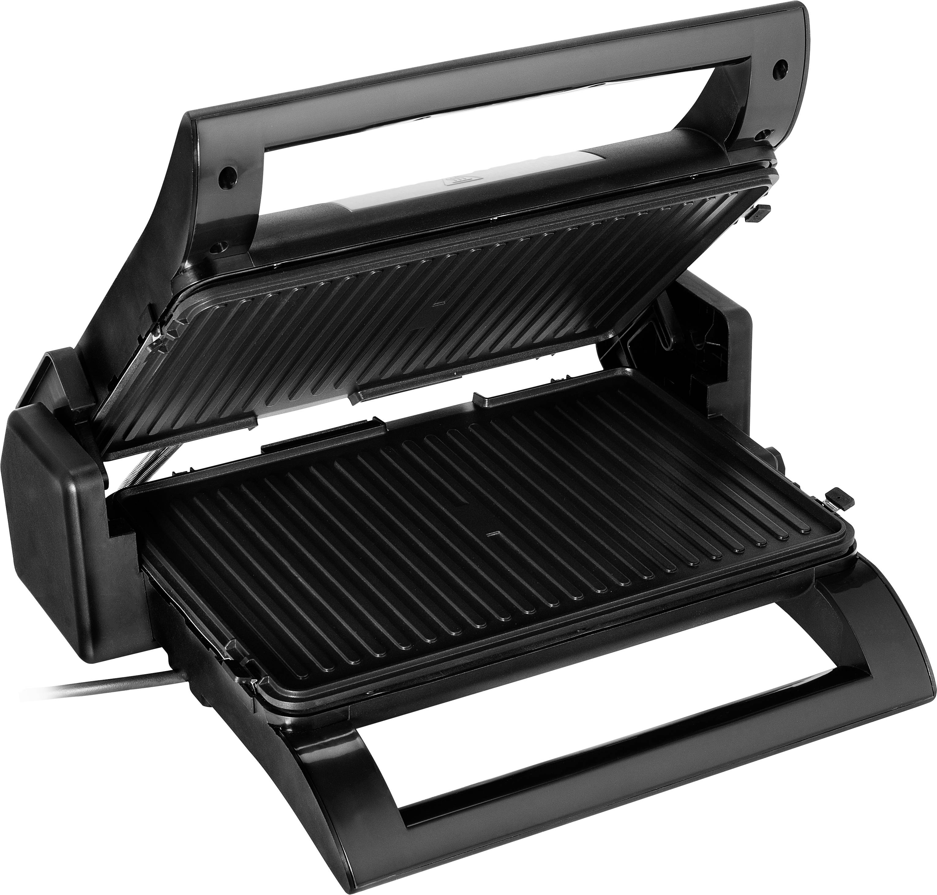 Electric contact grill with open lid, black ridged plates and handles, suitable for grilling sandwiches or meat.