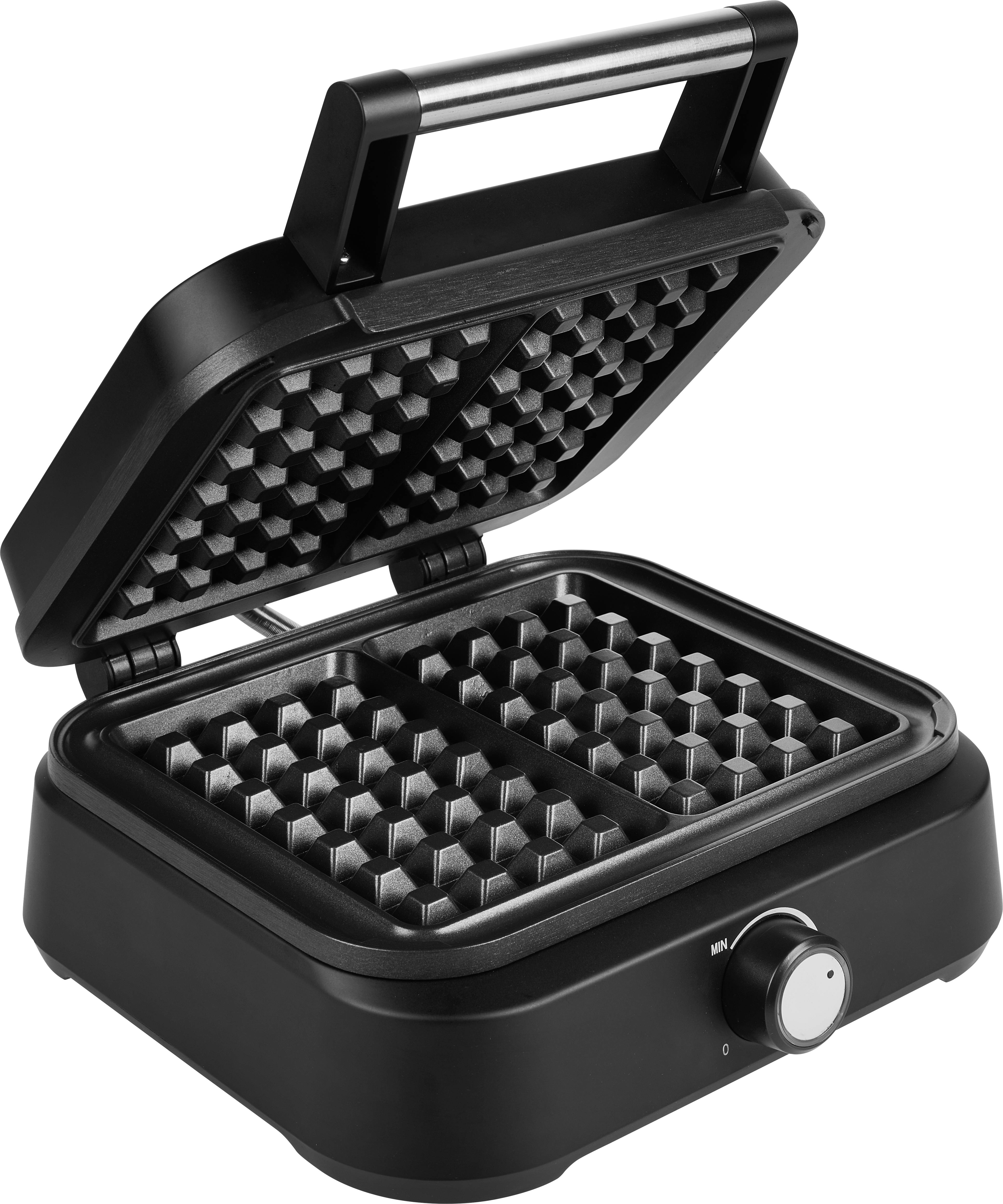 A black waffle maker with an open lid, visible waffle plates and a dial for temperature control, stands upright.