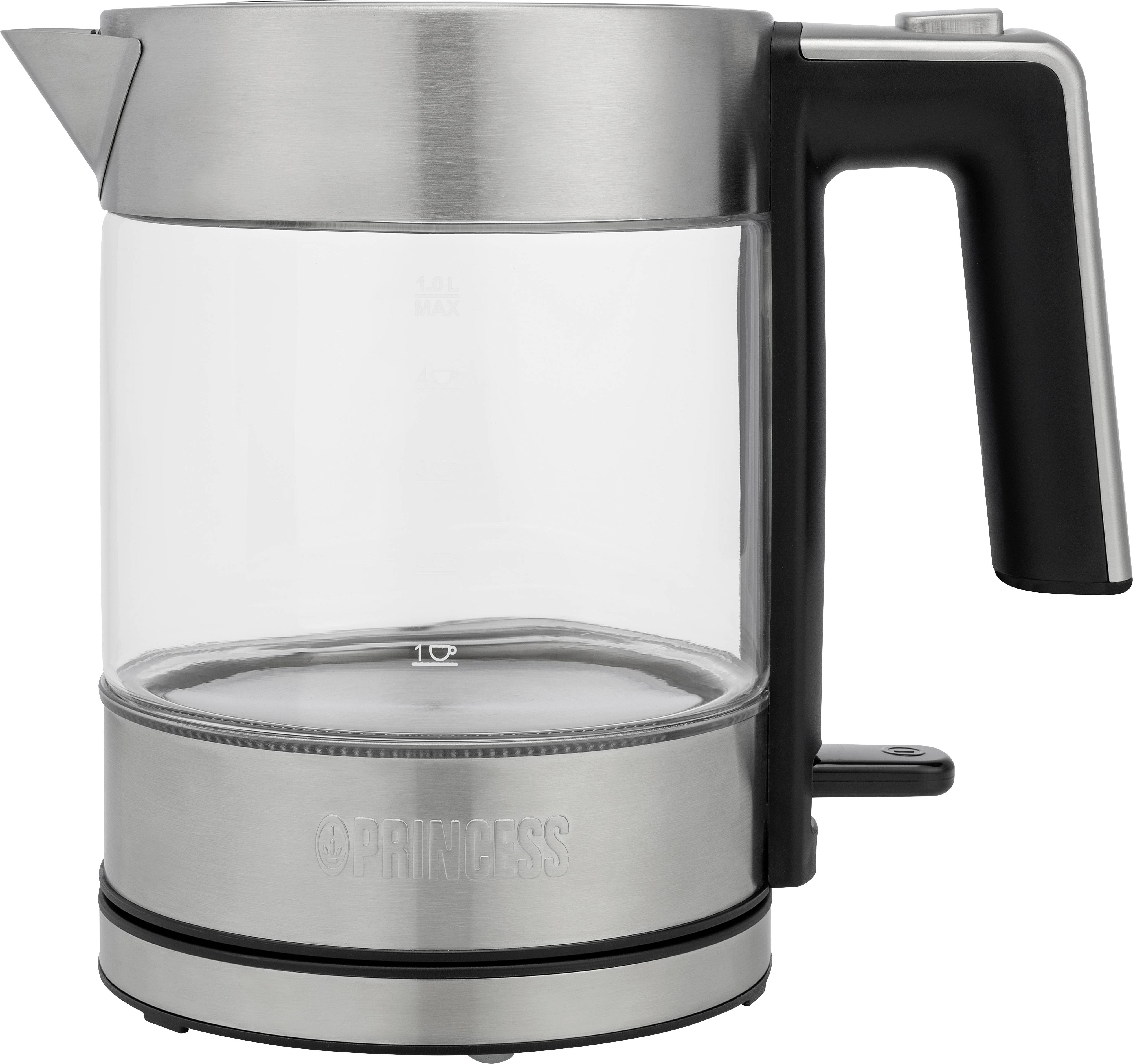 A glass and stainless steel electric kettle from a side view. The handle is black, the body transparent.